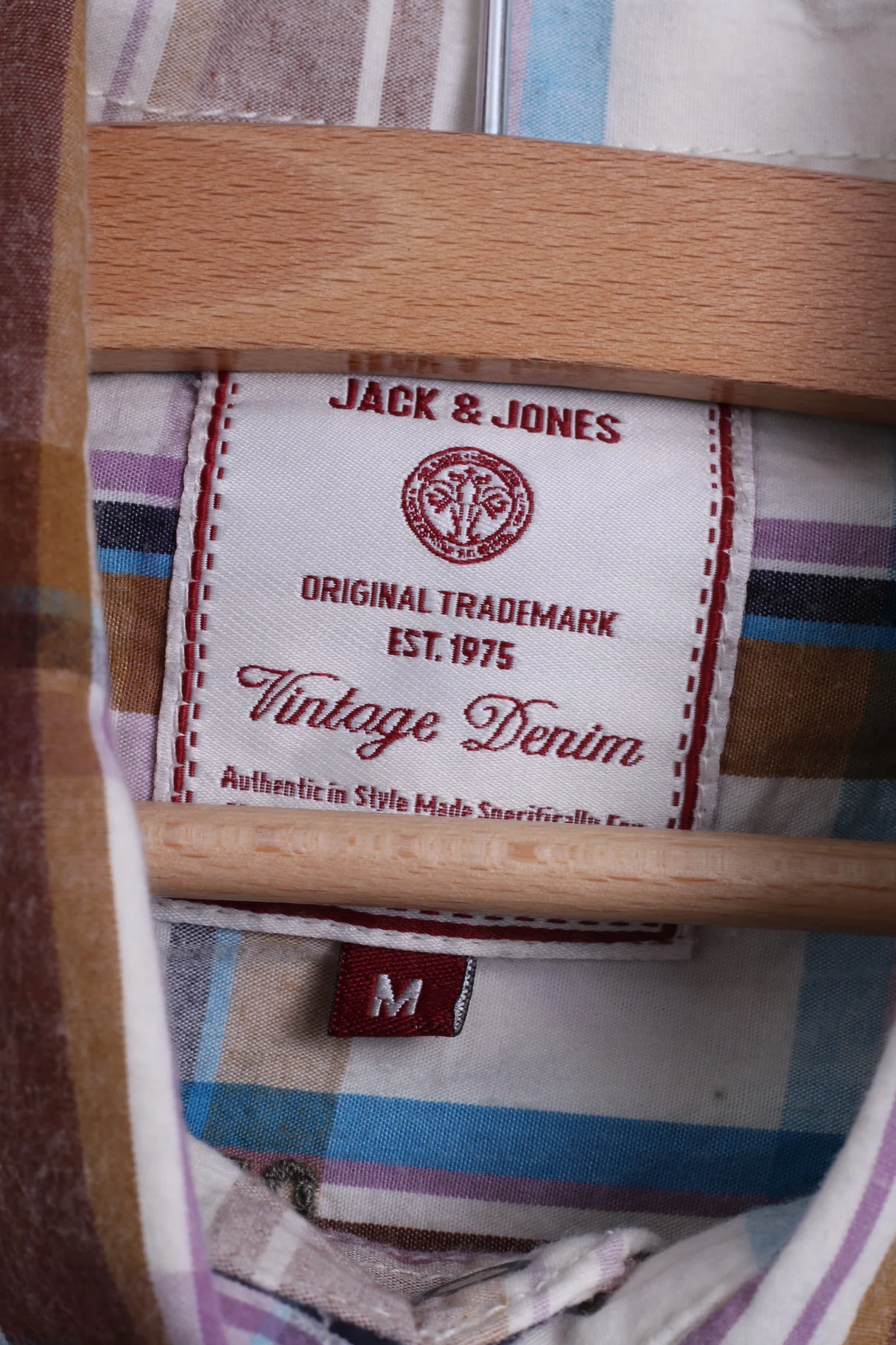 Jack & Jones Mens M Casual Shirt Cotton Brown Checkered Vintage Denim Long Sleeve - Image 4