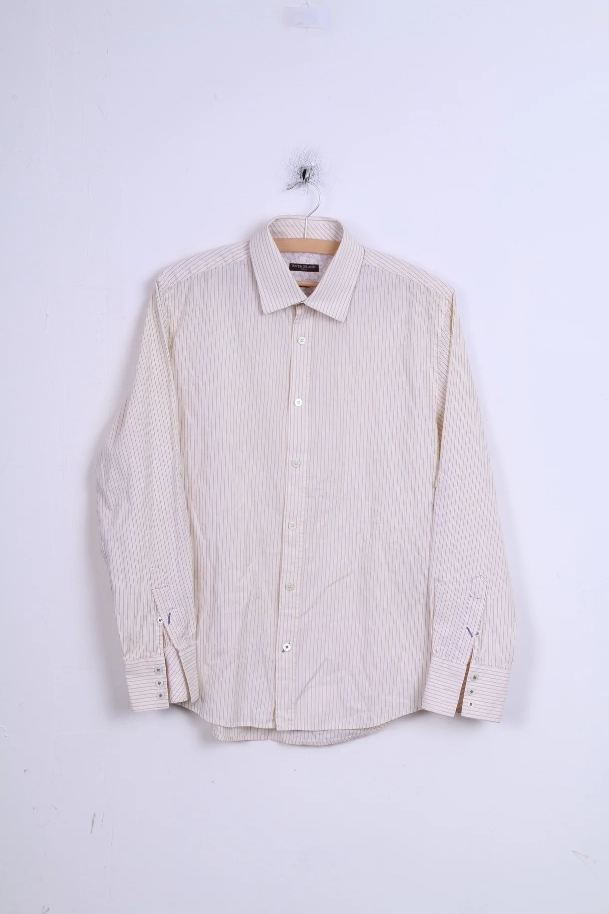 River Island Mens M Casual Shirt Striped Cream Beige Cotton Slim Fit