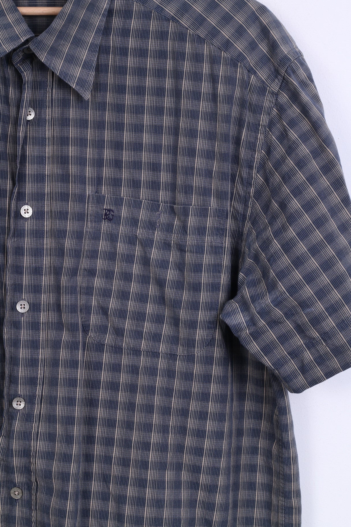 RED GREEN Mens L Casual Shirt Check Cotton Blue Short Sleeve - Image 2