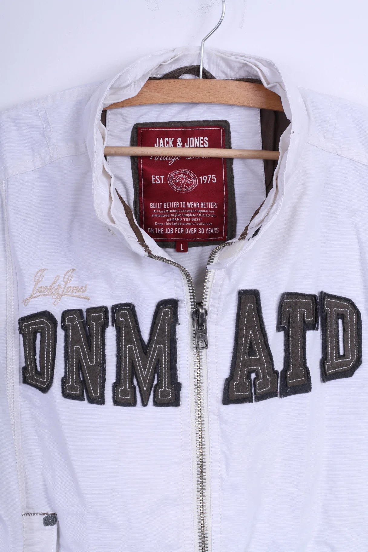 Jack & Jones Mens L Jacket White Cotton Zip Up Embroidered Casual Top - Image 3