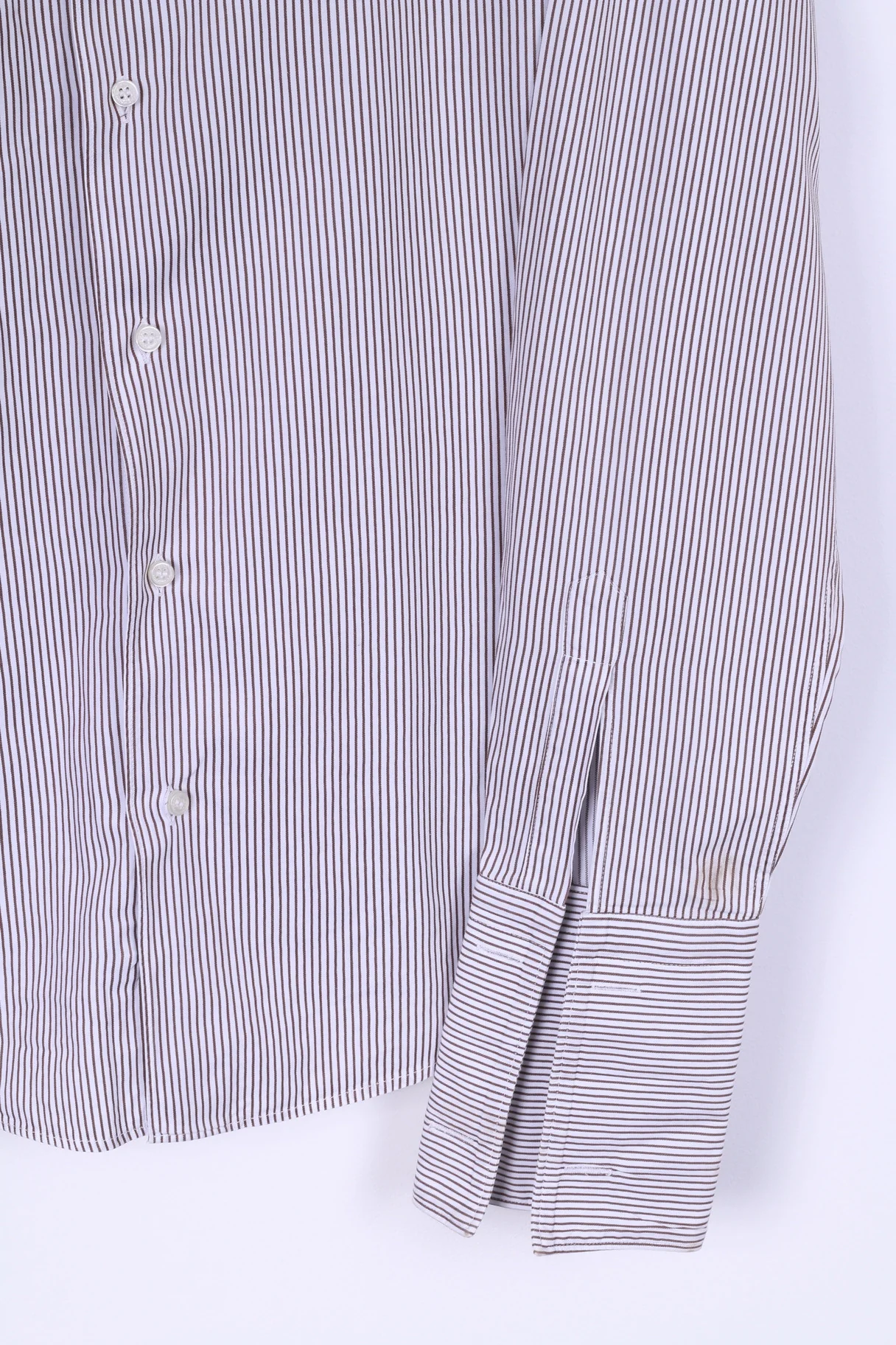 Poggianti Mens 39 15.5 M Casual Shirt White Brown Striped Cotton Italy Detailed Buttons Long Sleeve - Image 3