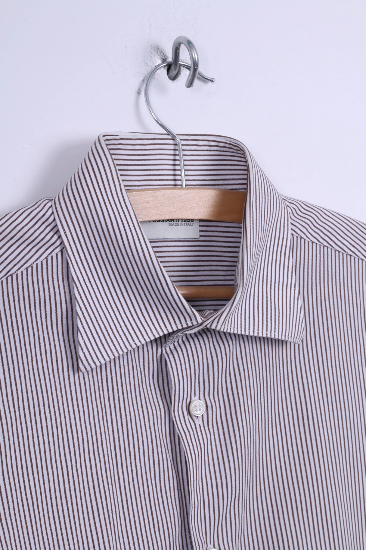 Poggianti Mens 39 15.5 M Casual Shirt White Brown Striped Cotton Italy Detailed Buttons Long Sleeve - Image 4