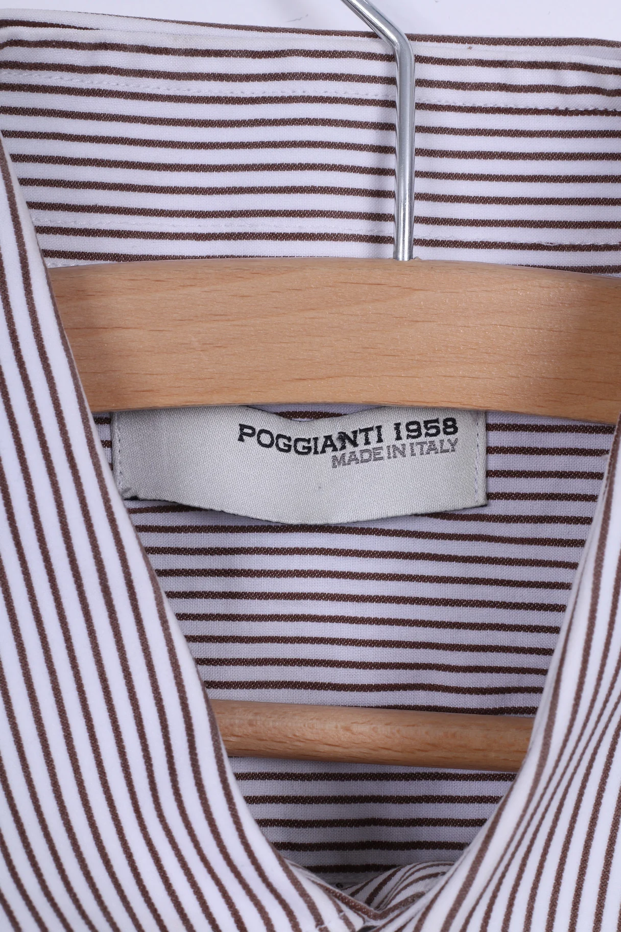 Poggianti Mens 39 15.5 M Casual Shirt White Brown Striped Cotton Italy Detailed Buttons Long Sleeve - Image 5
