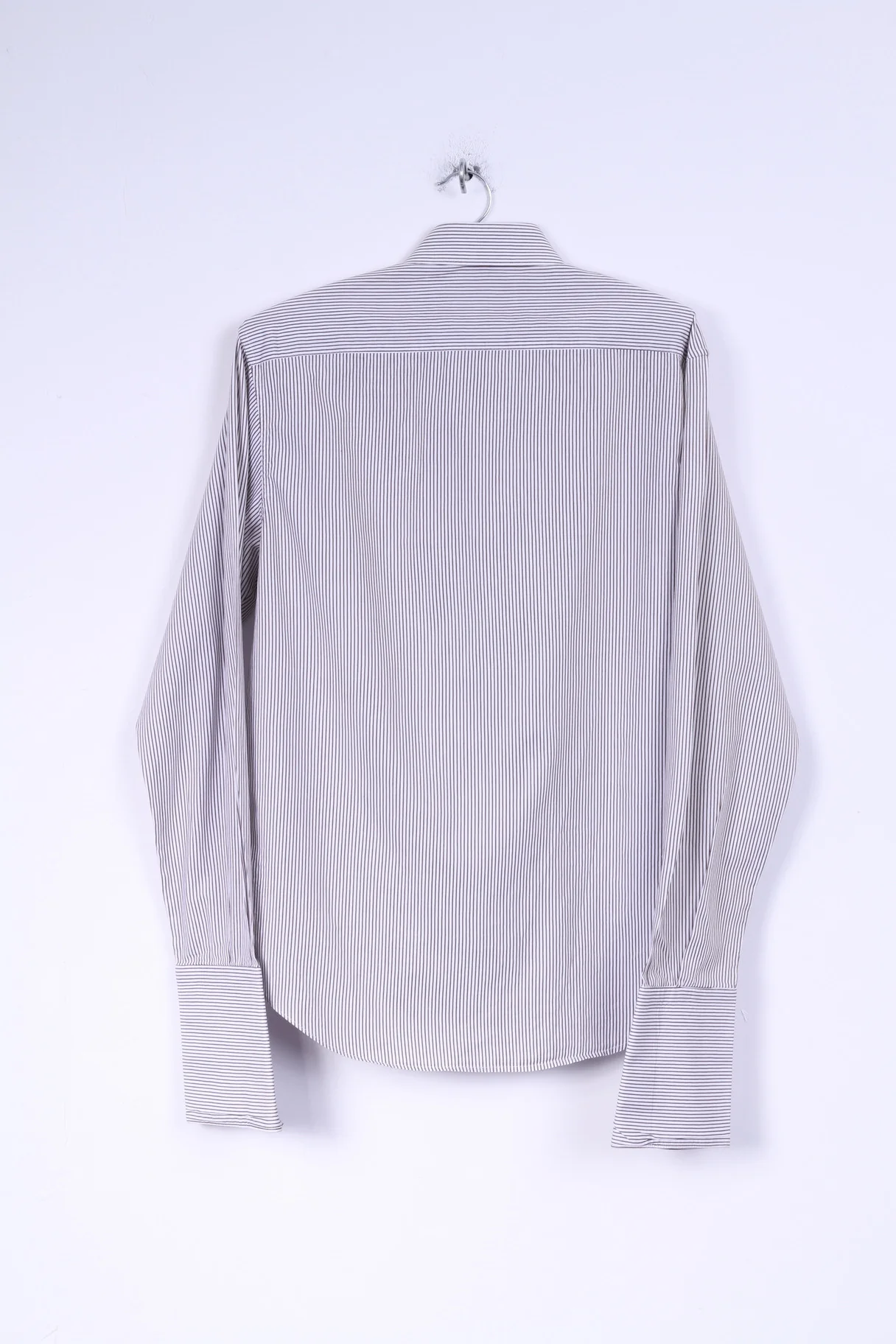 Poggianti Mens 39 15.5 M Casual Shirt White Brown Striped Cotton Italy Detailed Buttons Long Sleeve - Image 6