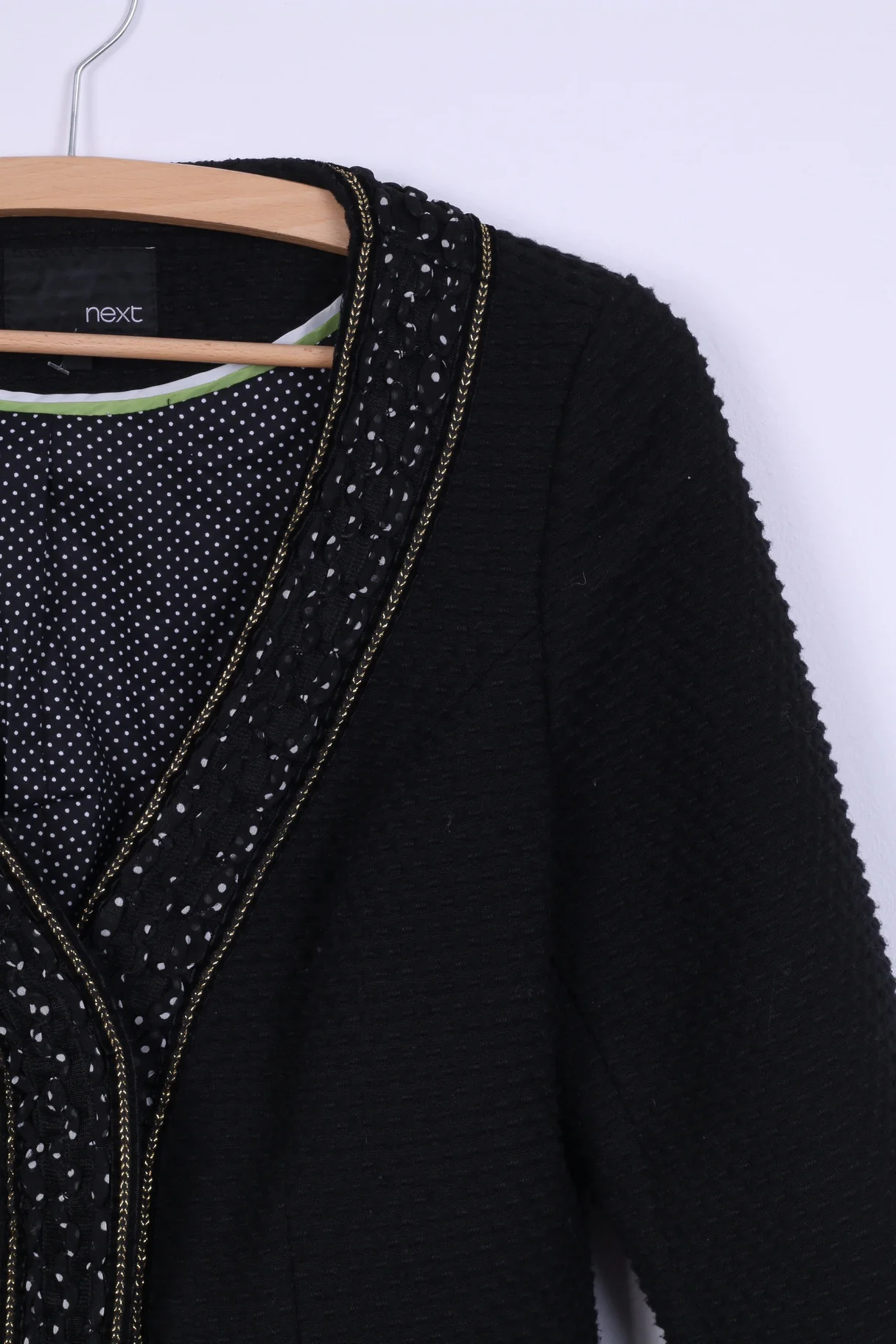 Next Womens 38 S/M Jacket Black Wool Blend Ornaments Gold Thread 3/4 Sleeve - Image 2