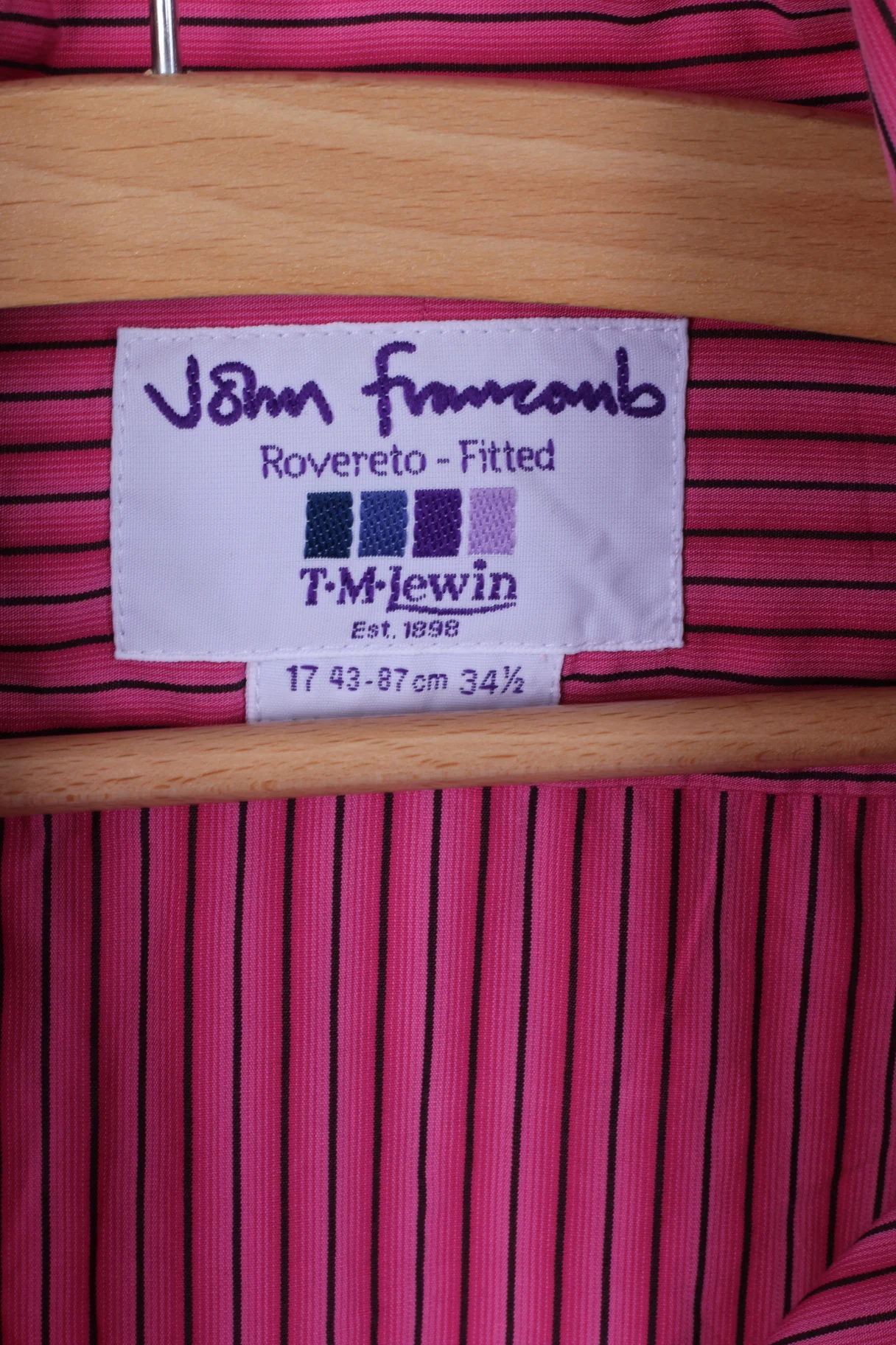 TM Lewin Mens 17 34.5 L Casual Shirt Pink Striped Rovereto Fitted Cotton - Image 4