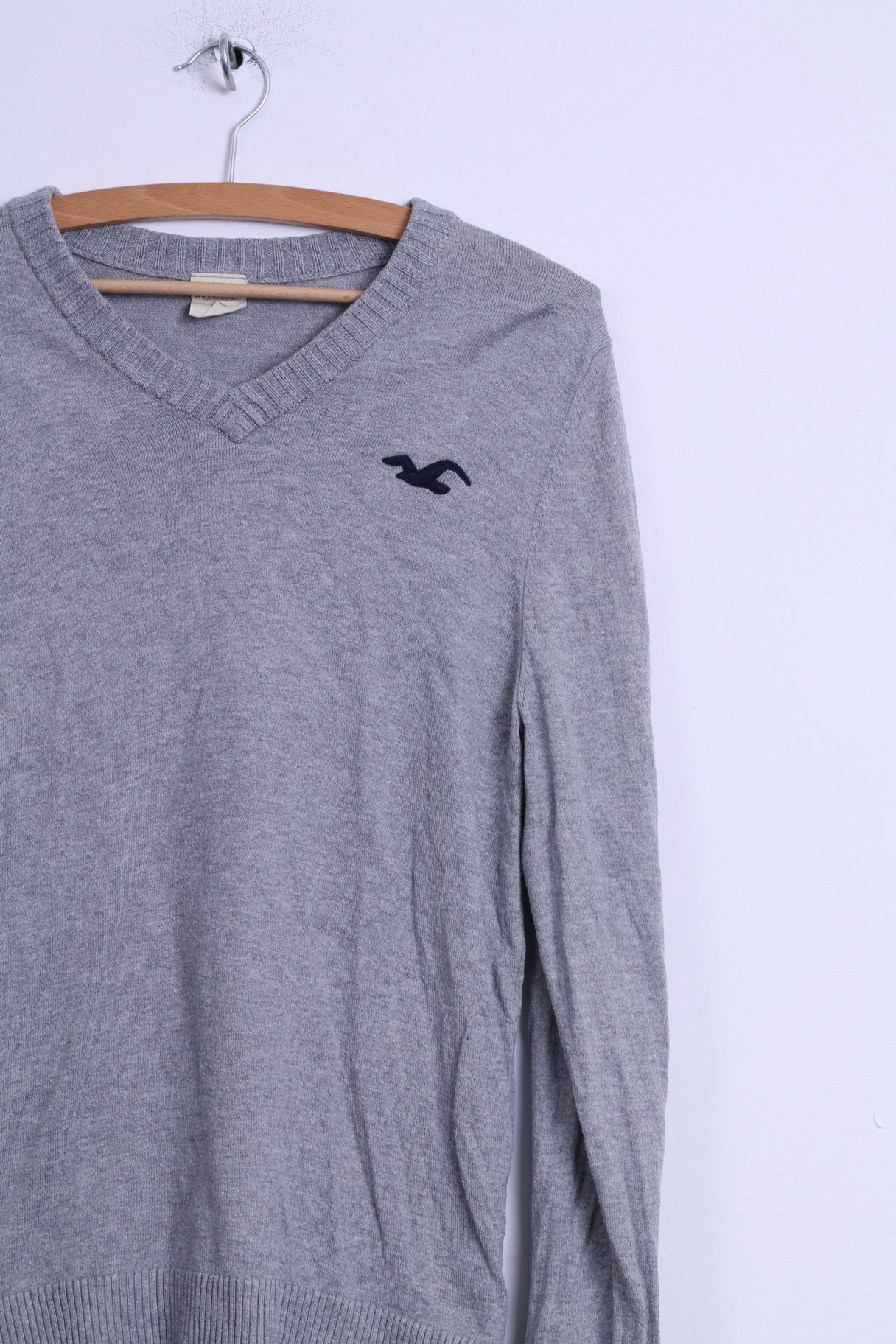 Hollister Mens L (S) Jumper Grey Cotton V Neck Light Fit Sweater - Image 3