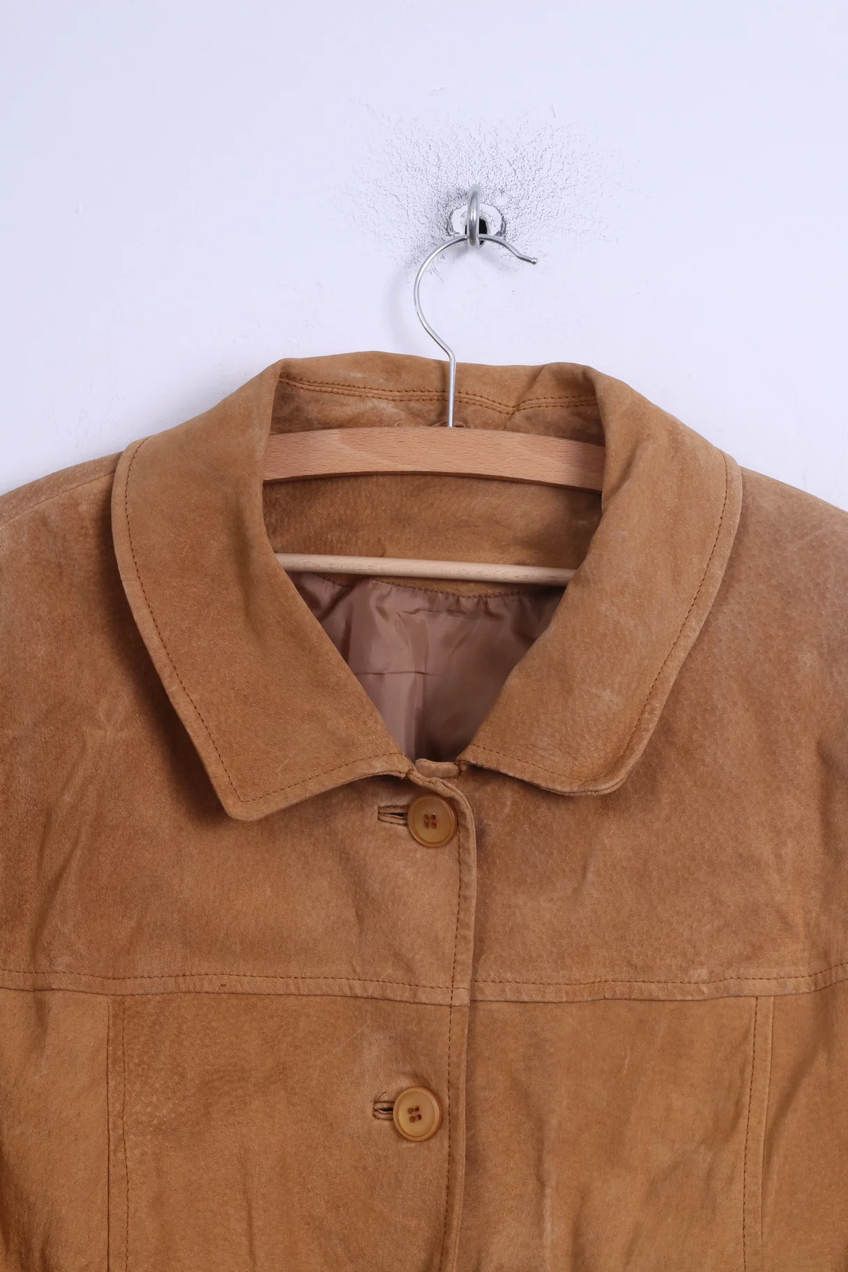 Womens UK 20 46 XL Leather Jacket Camel Single Breasted Shoulder Pads Retro Coat - Image 2