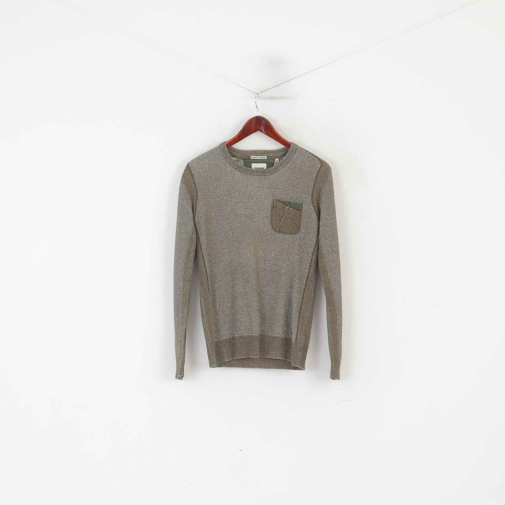 Chasin Men M Jumper Green Cotton Classic Unseen Style Crew Neck Pocket Sweater