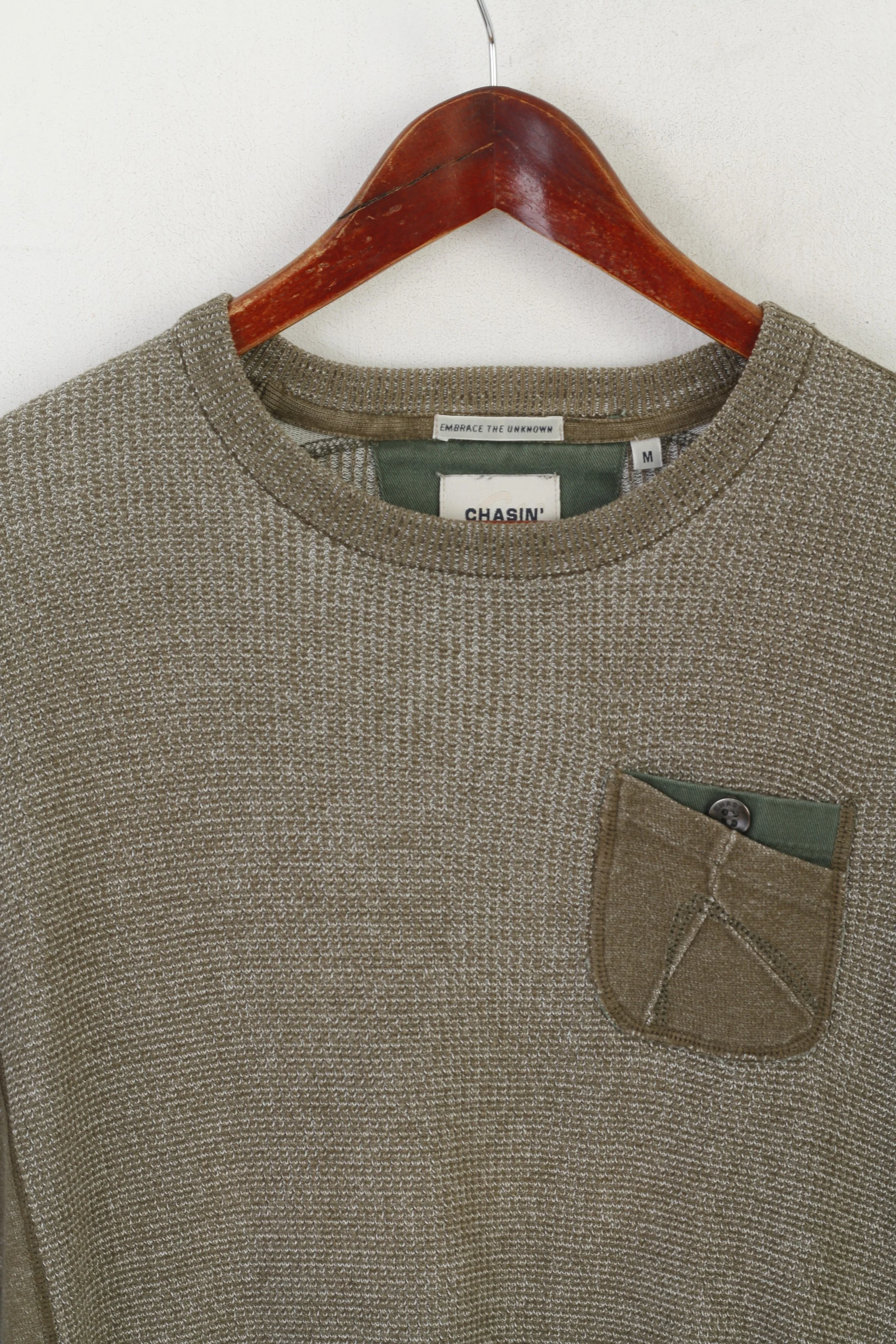 Chasin Men M Jumper Green Cotton Classic Unseen Style Crew Neck Pocket Sweater - Image 2