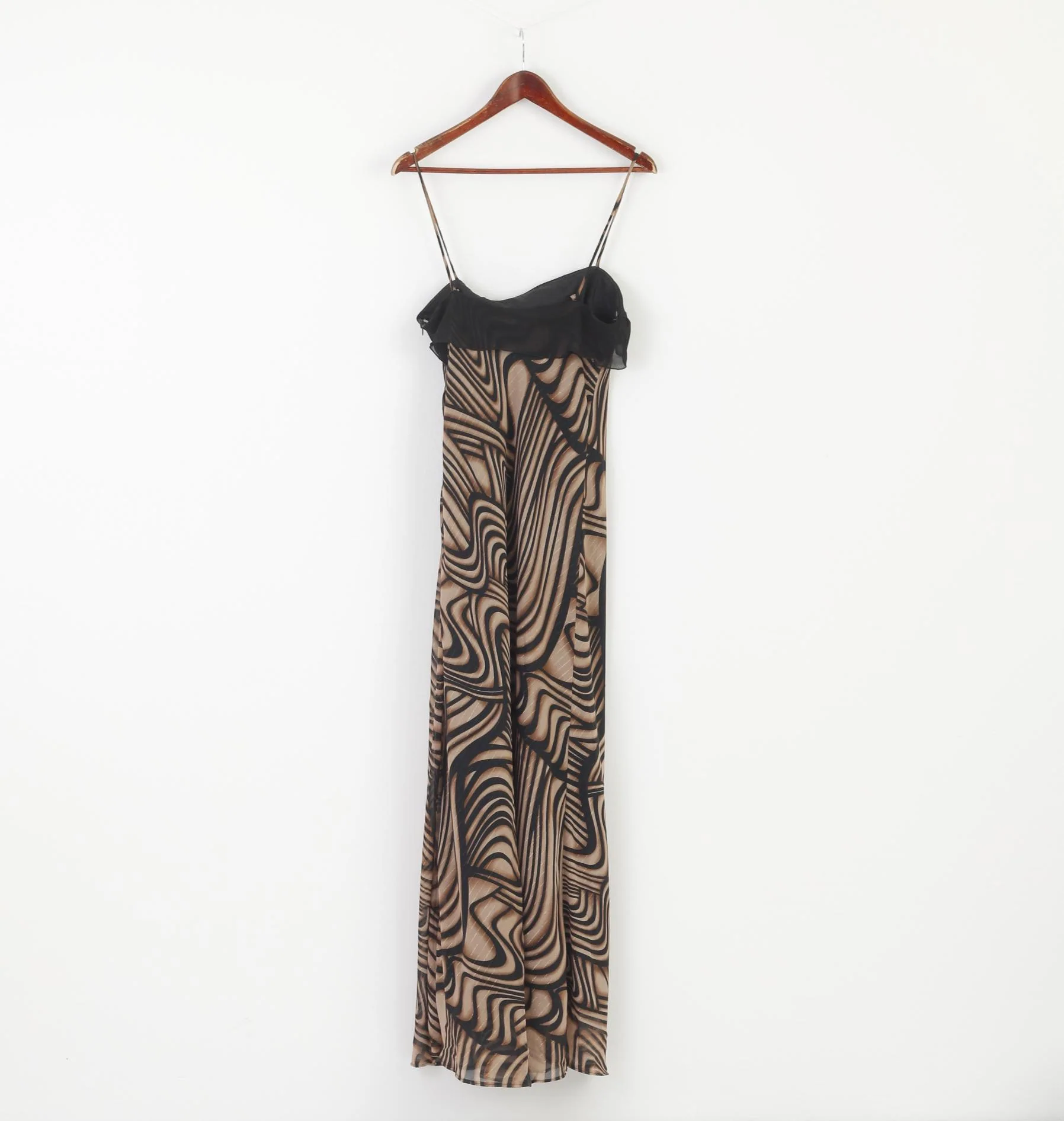 Creatif Paris Women 42 M Dress Brown Maxi Spaghetti Straps Gold Thread Elegant - Image 5