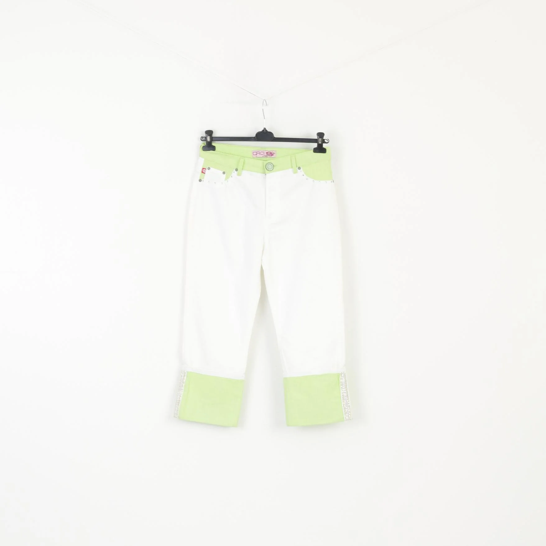 CRO Jeans Women 33 Cropped Trousers Cream Green Cotton Lycra Crocodile Capri Pants