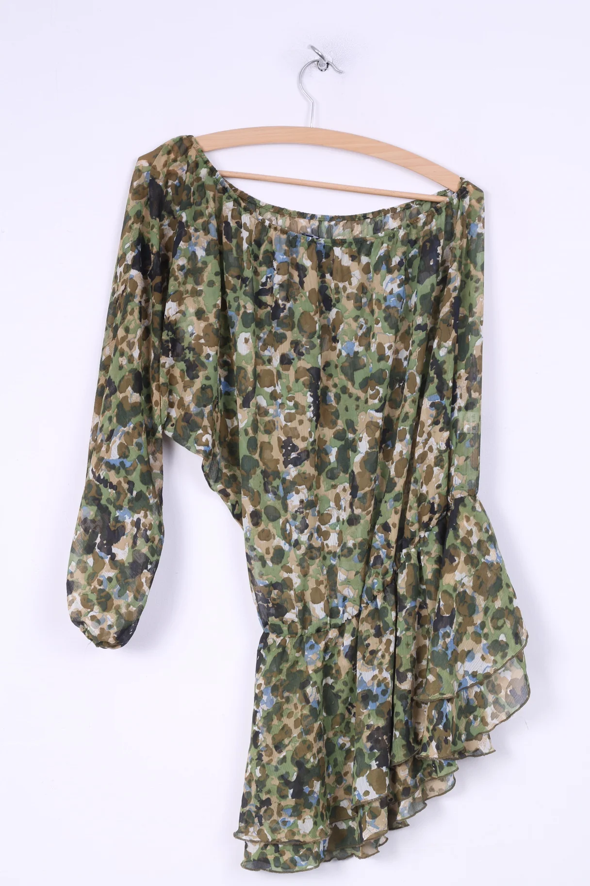 Dennny Rose Womens S Blouse Transparent Long Sleeve Tunic One Shoulder Camulfage - Image 5