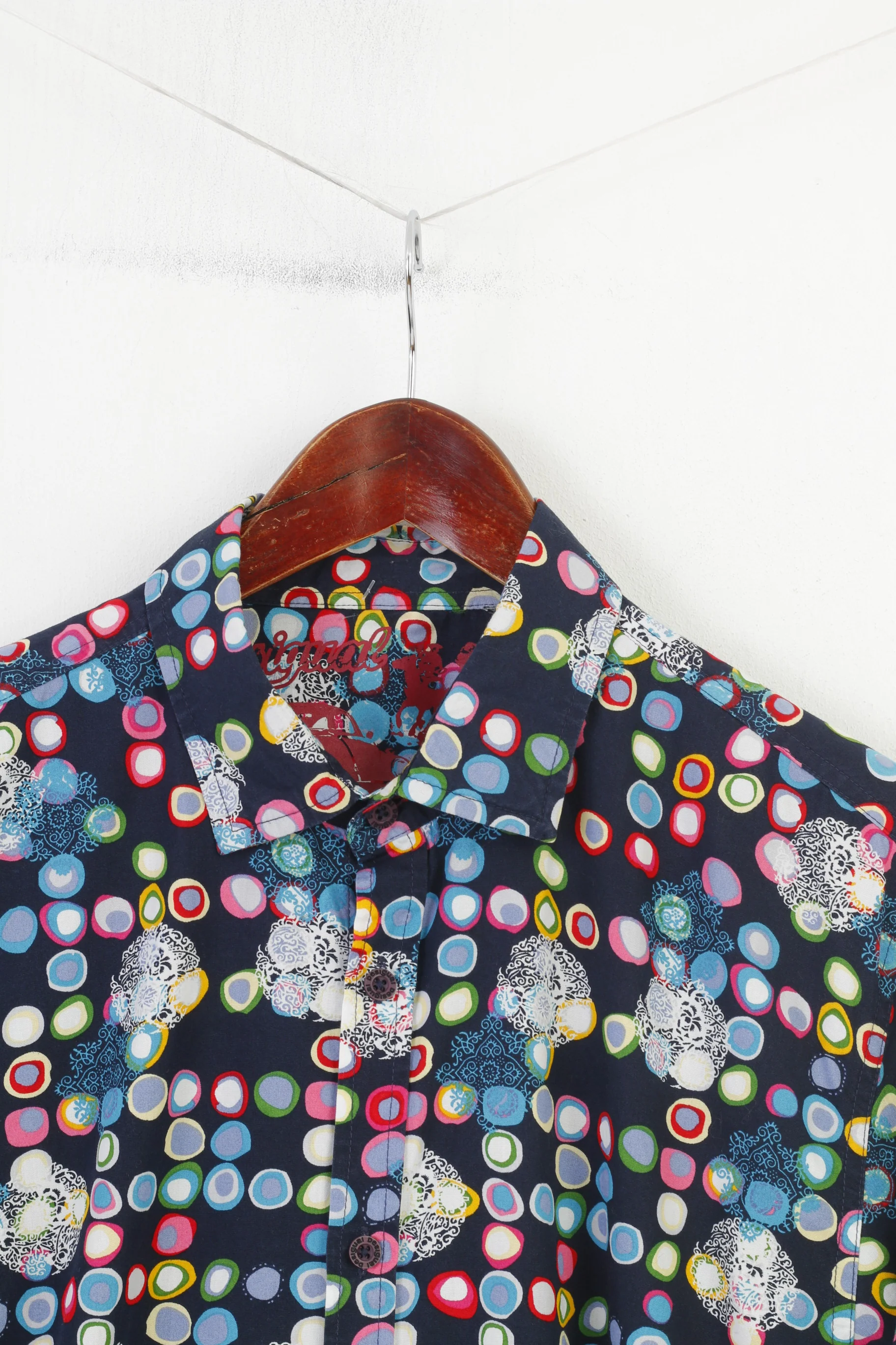 Desigual Men L Casual Shirt Long Sleeve Geometric Print Collar Cotton Navy Classic Top - Image 2