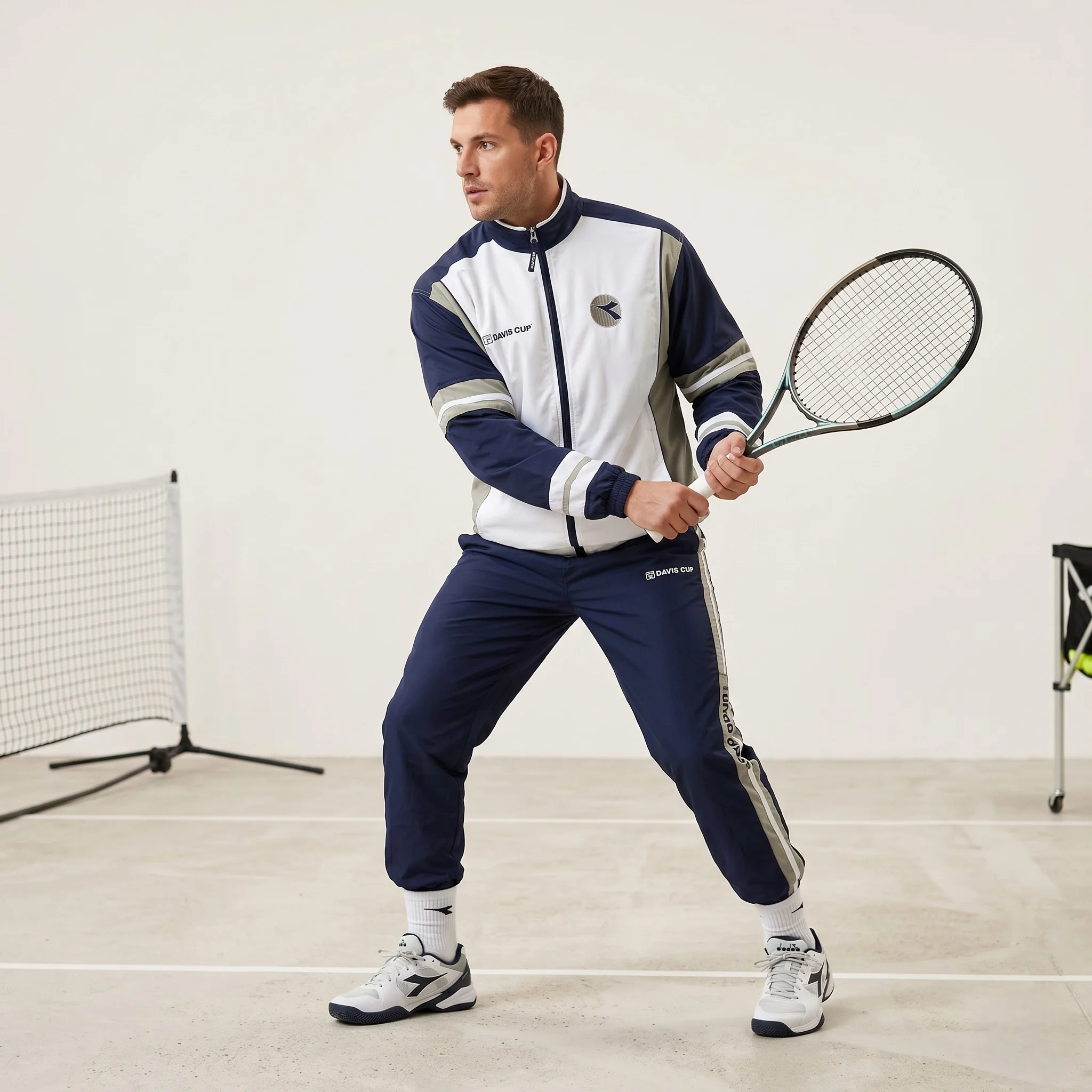 Diadora Davis Cup Men 40 50 L Sweatshirt White Vintage Tennis Snap Sleeve Track Top