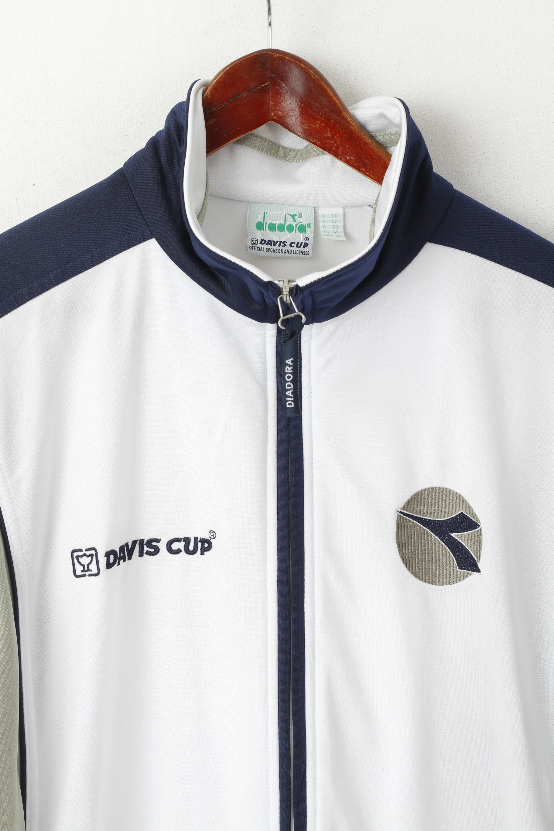 Diadora Davis Cup Men 40 50 L Sweatshirt White Vintage Tennis Snap Sleeve Track Top - Image 3