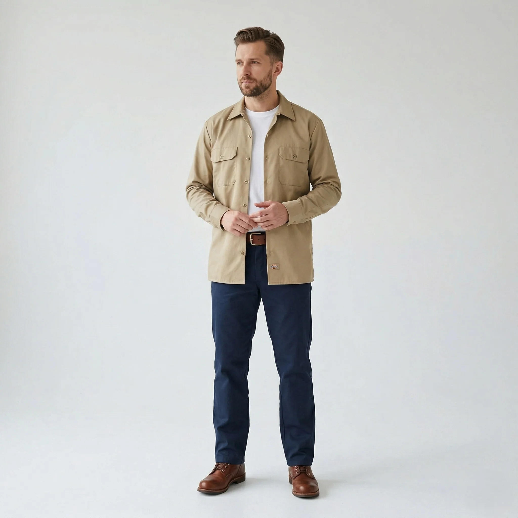 Dickies Men 34/35 M Casual Shirt Brown Cotton Workwear American Long Sleeve Top