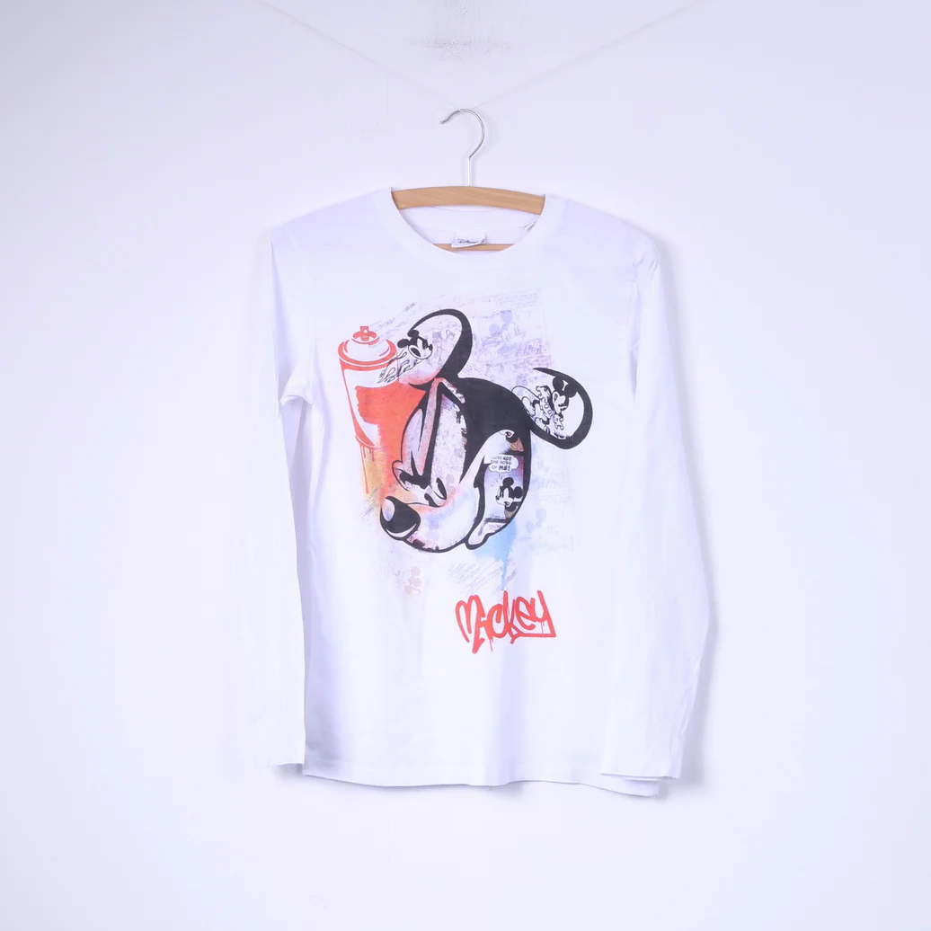 Disney Boys 158 12-13Age Shirt Graphic Mickey White Long Sleeve Cotton