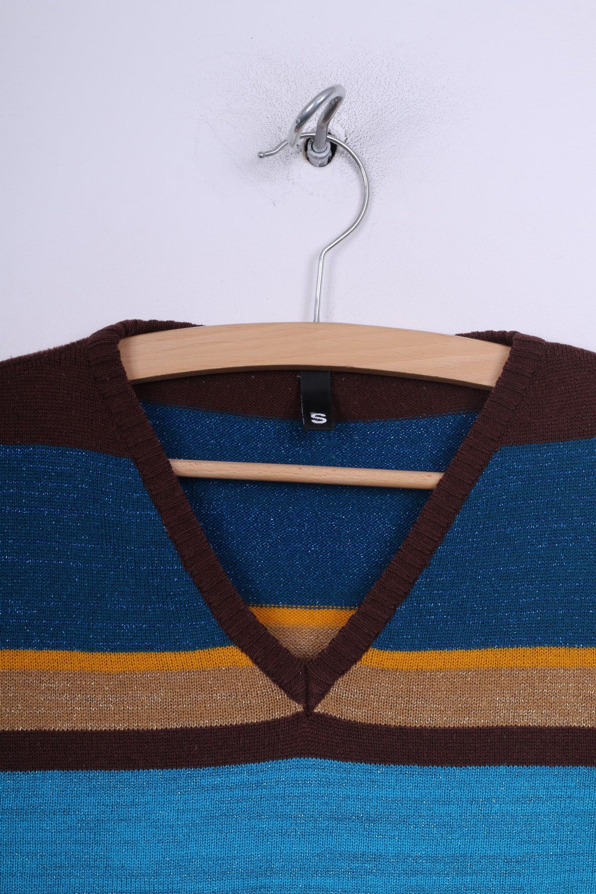 H&M Divided Womens S Jumper Sweater V Neck Striped Brown /Blue Shiny - Image 2