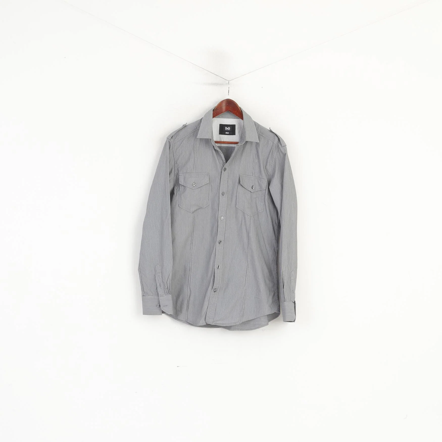 Dolce & Gabbana Men 16.5 42 M Casual Shirt Grey Striped Cotton Brad Long Sleeve Top - Image 2