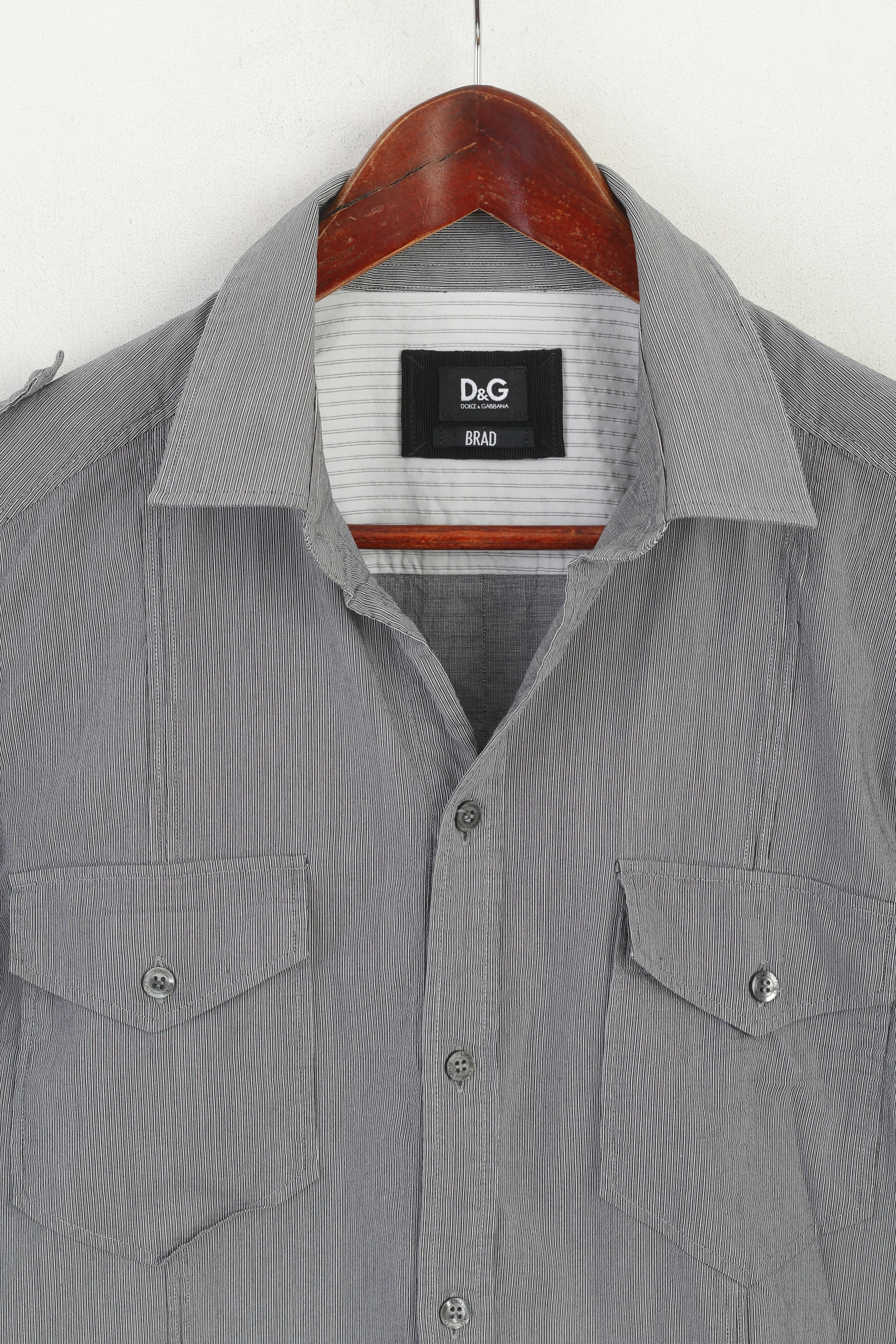Dolce & Gabbana Men 16.5 42 M Casual Shirt Grey Striped Cotton Brad Long Sleeve Top - Image 3
