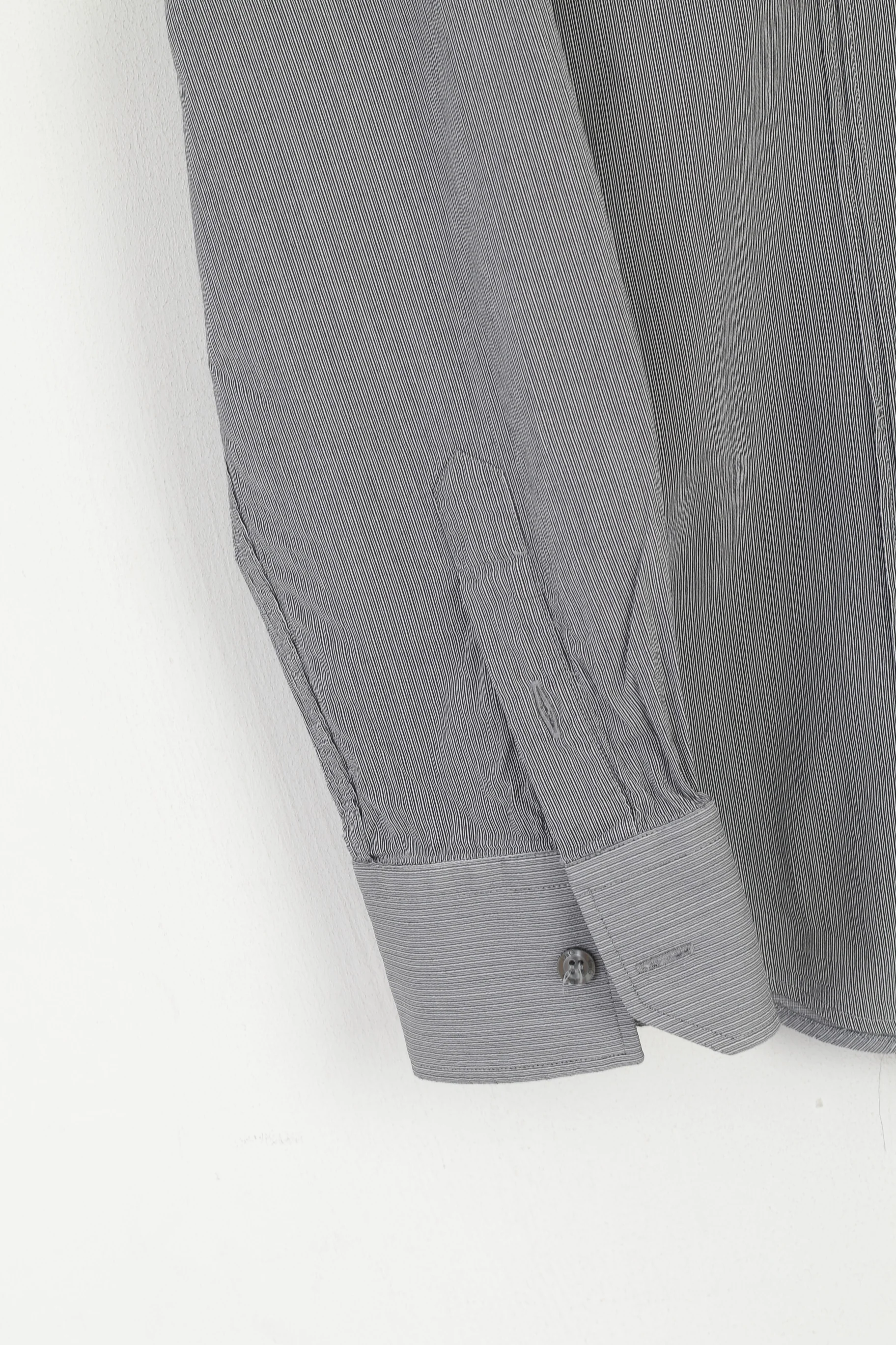 Dolce & Gabbana Men 16.5 42 M Casual Shirt Grey Striped Cotton Brad Long Sleeve Top - Image 4