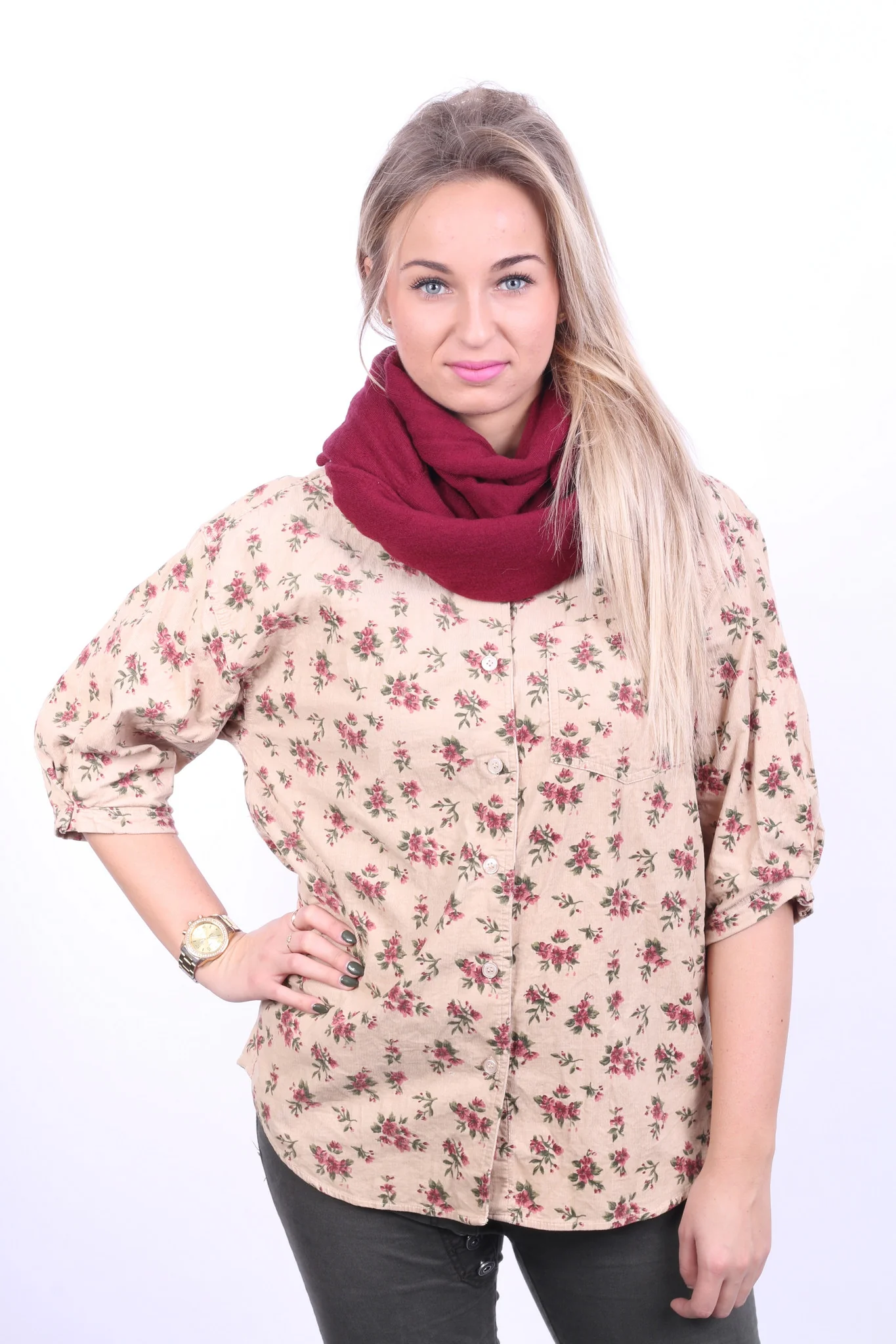 Dorothy Perkins Womens 14 XL Casual Shirt Beige Short Sleeve Flowers Print Corduroy - Image 6