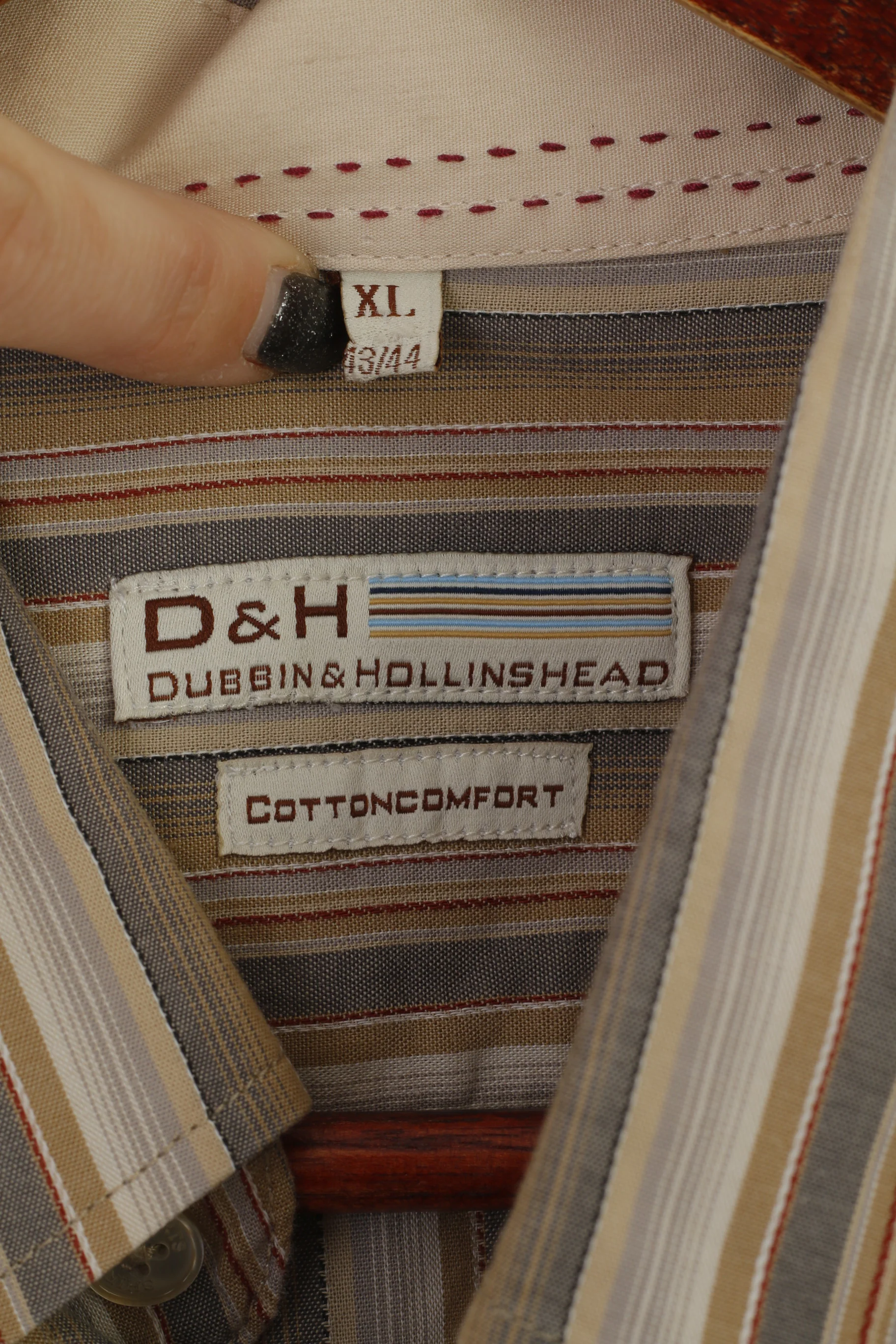 Dubbin & Hollinshead Men XL Casual Shirt Beige Striped Cotton Long Sleeve Retro Top - Image 4