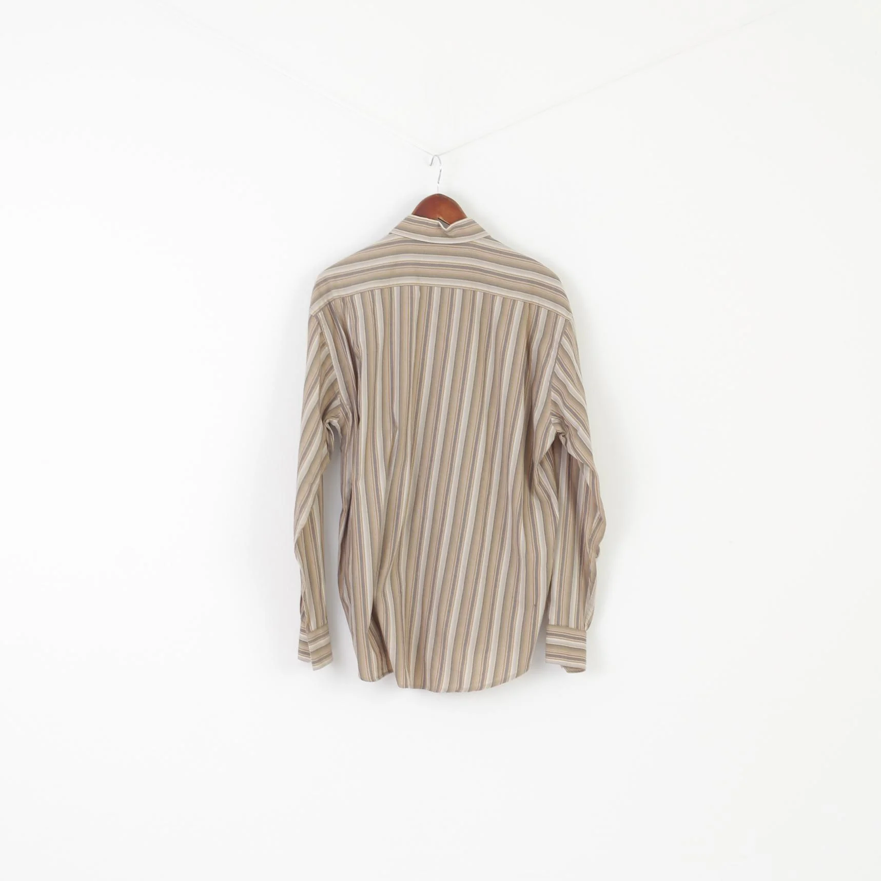 Dubbin & Hollinshead Men XL Casual Shirt Beige Striped Cotton Long Sleeve Retro Top - Image 6