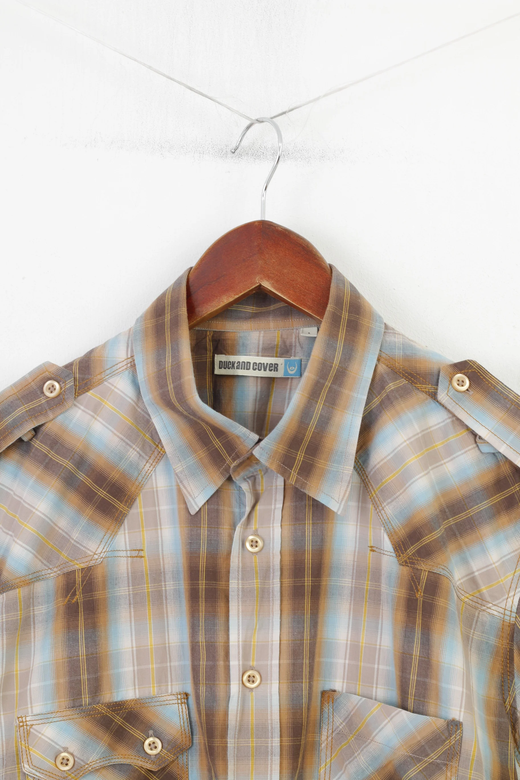 Duck and Cover Men L Casual Shirt Checkered Brown Short Sleeve Cotton Collar Classic Top - Image 2