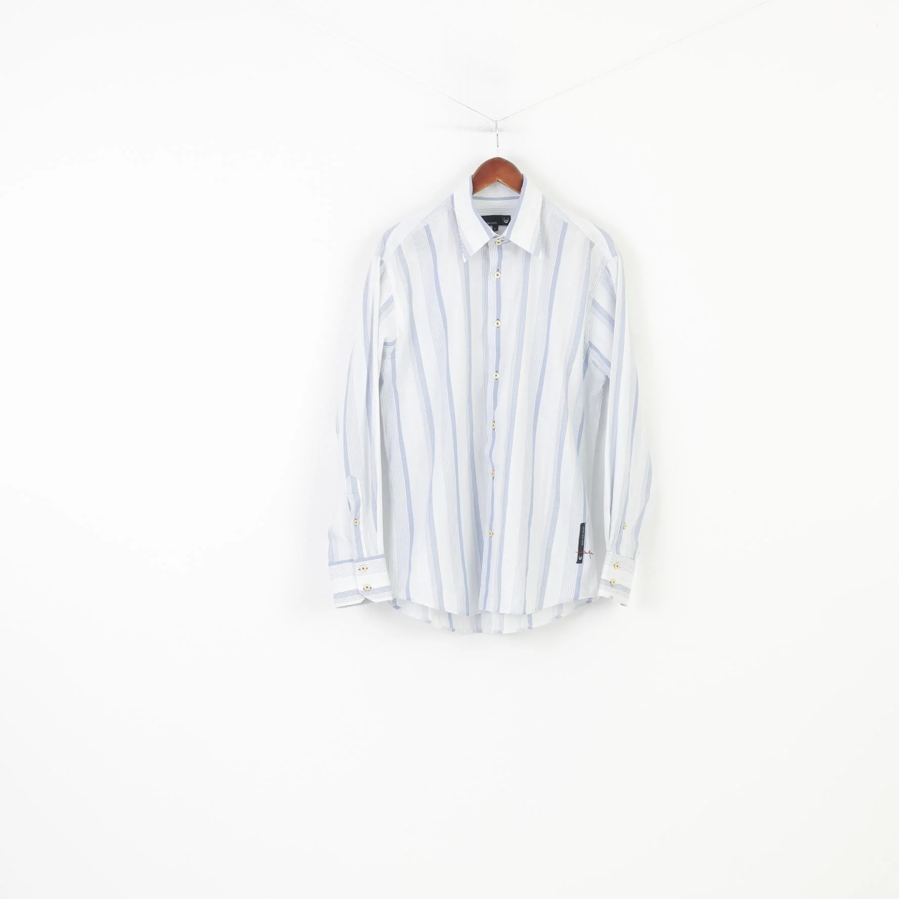 Duck And Cover Men L Casual Shirt Striped Blue Long Sleeve Collar Cotton Top