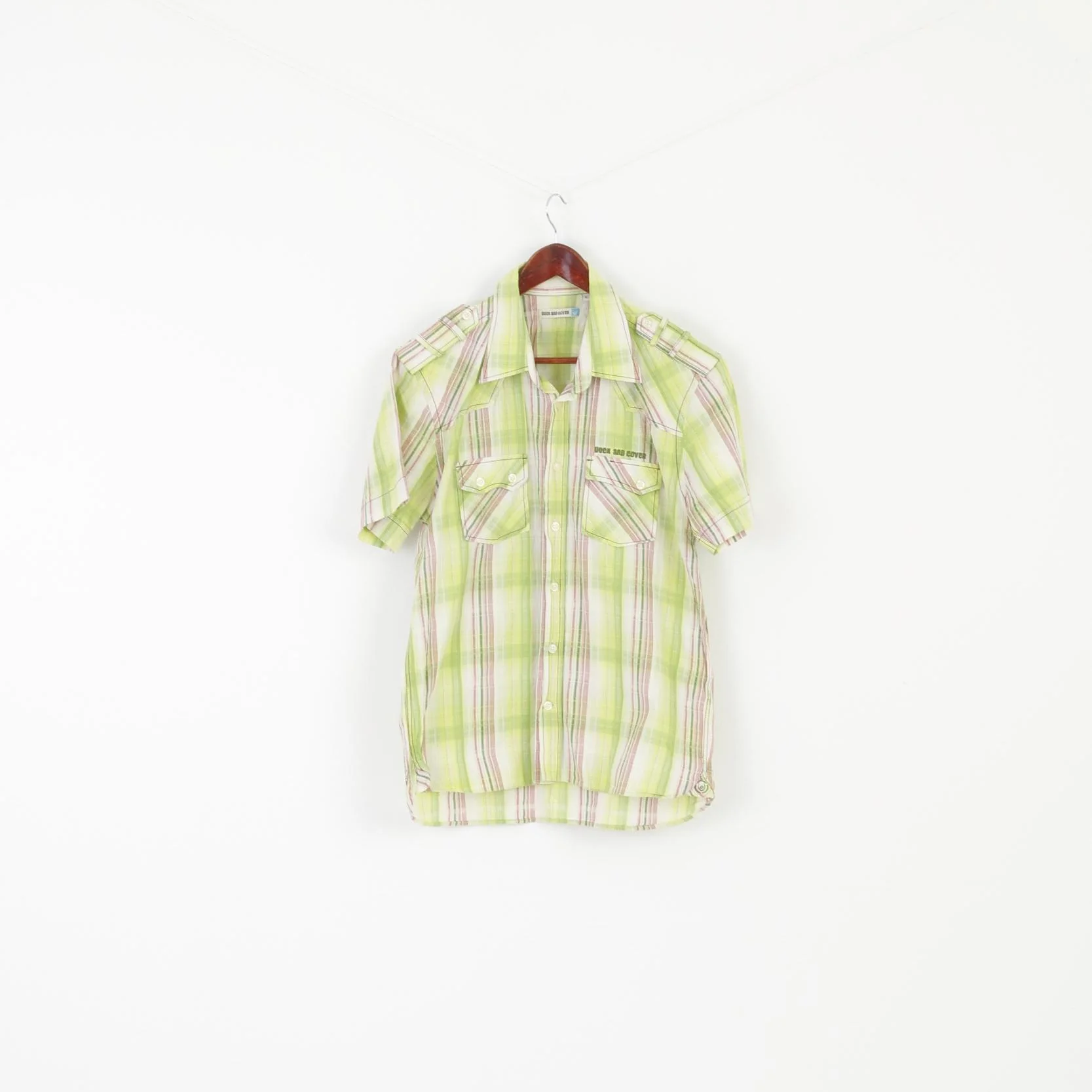 Duck and Cover Men XL (M) Casual Shirt Green Check Cotton Pockets Short Sleeve Top