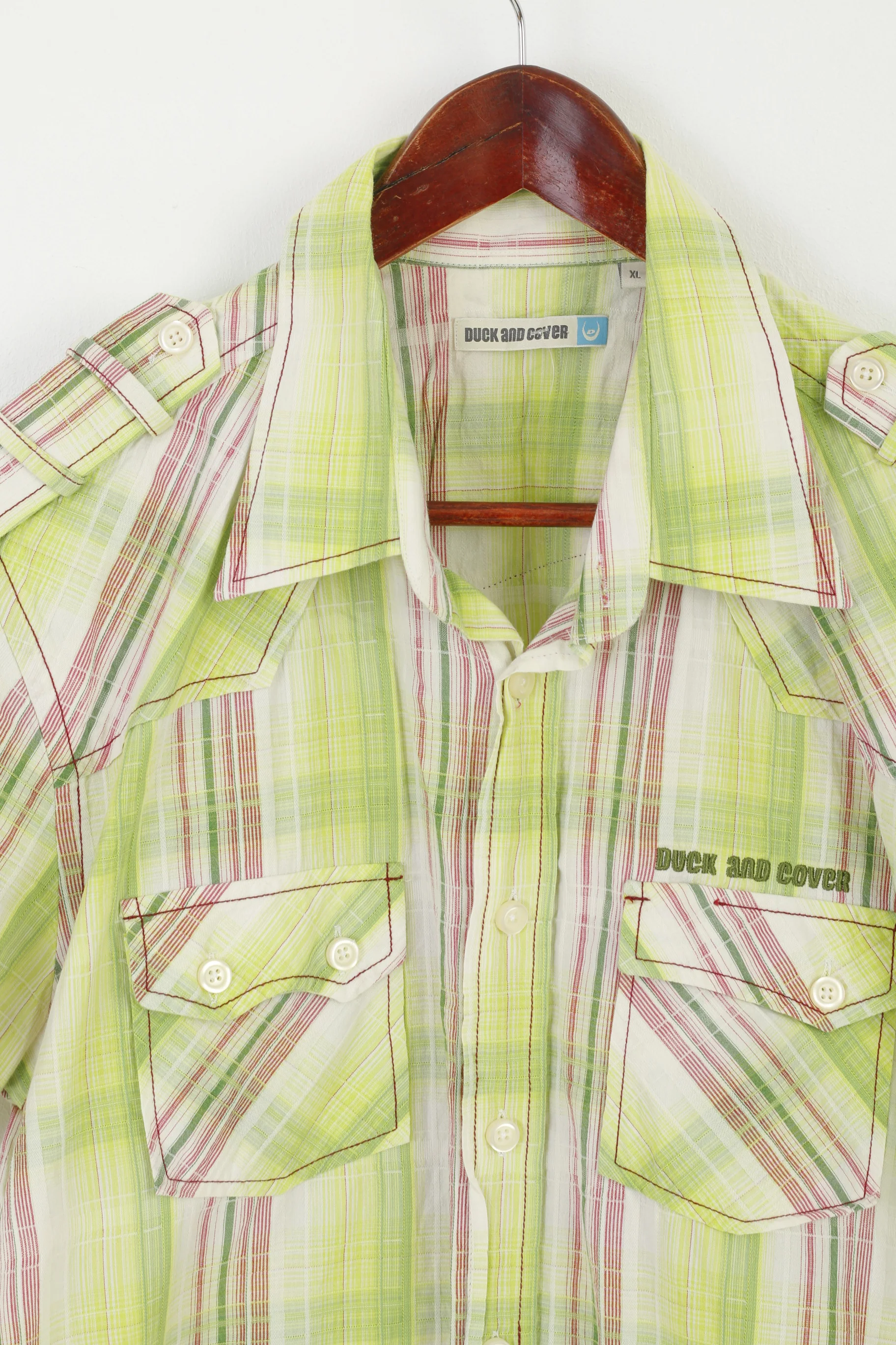 Duck and Cover Men XL (M) Casual Shirt Green Check Cotton Pockets Short Sleeve Top - Image 2