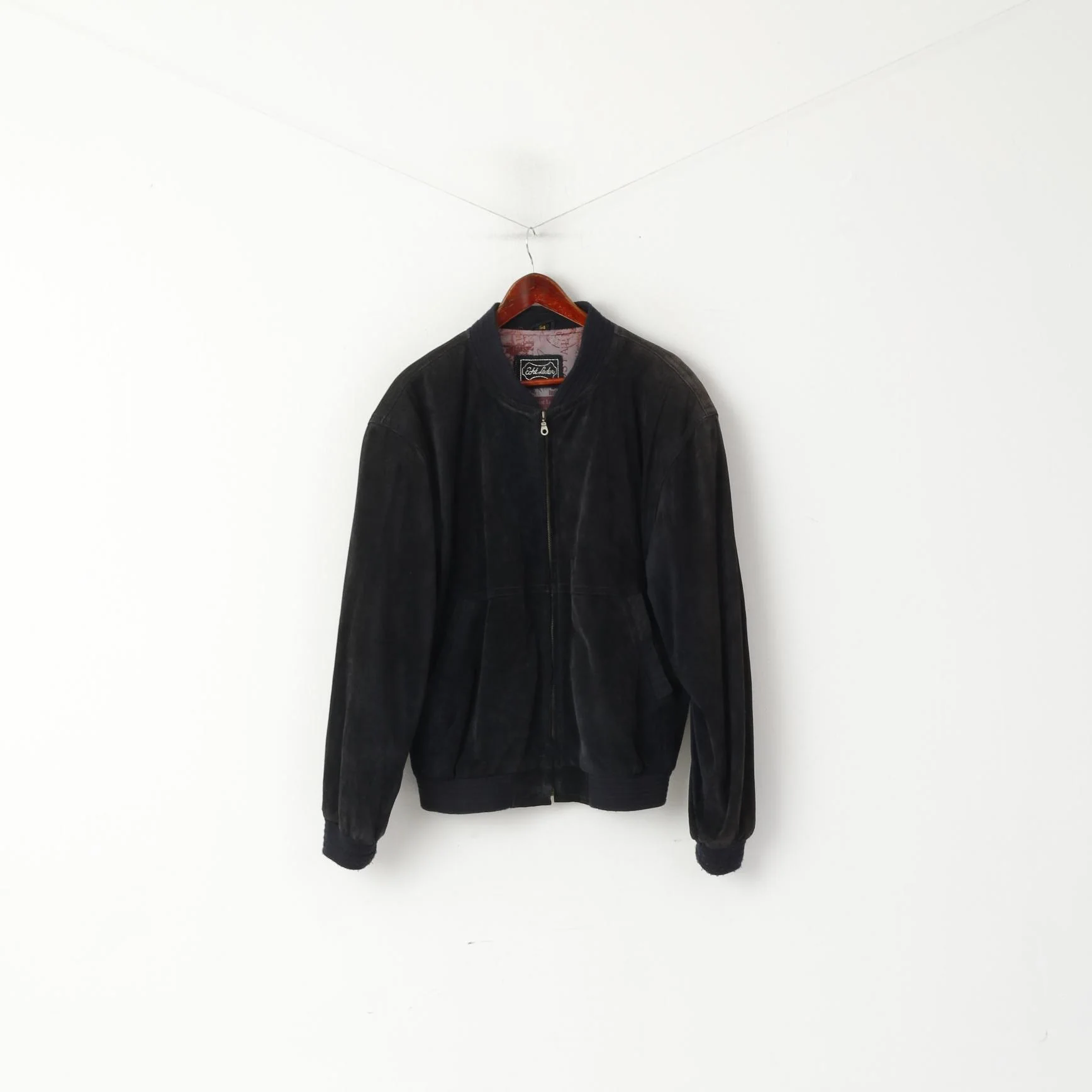 Echt Leder Men 54 L Bomber Jacket Black Vintage Leather Velour Biker Full Zipper Top - Image 2