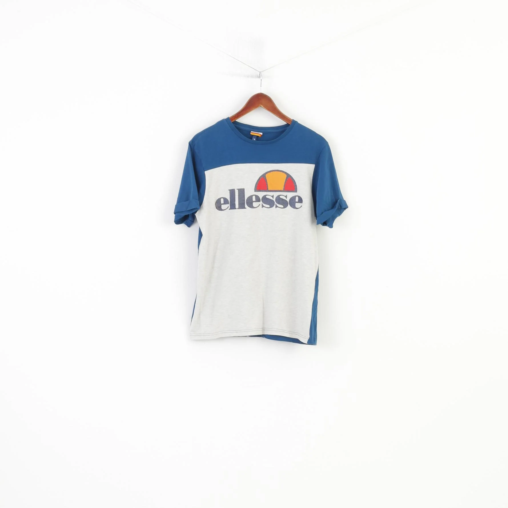 Ellesse Men M T-Shirt Big Logo Cotton Grey Crew Neck Sportswear Top