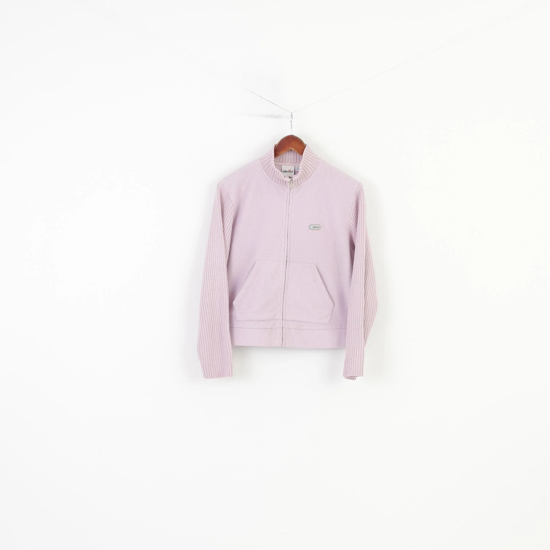 Ellesse Women 38 M Sweatshirt Pink Fleece Full Zipper Collar Pockets Vintage Winter Top