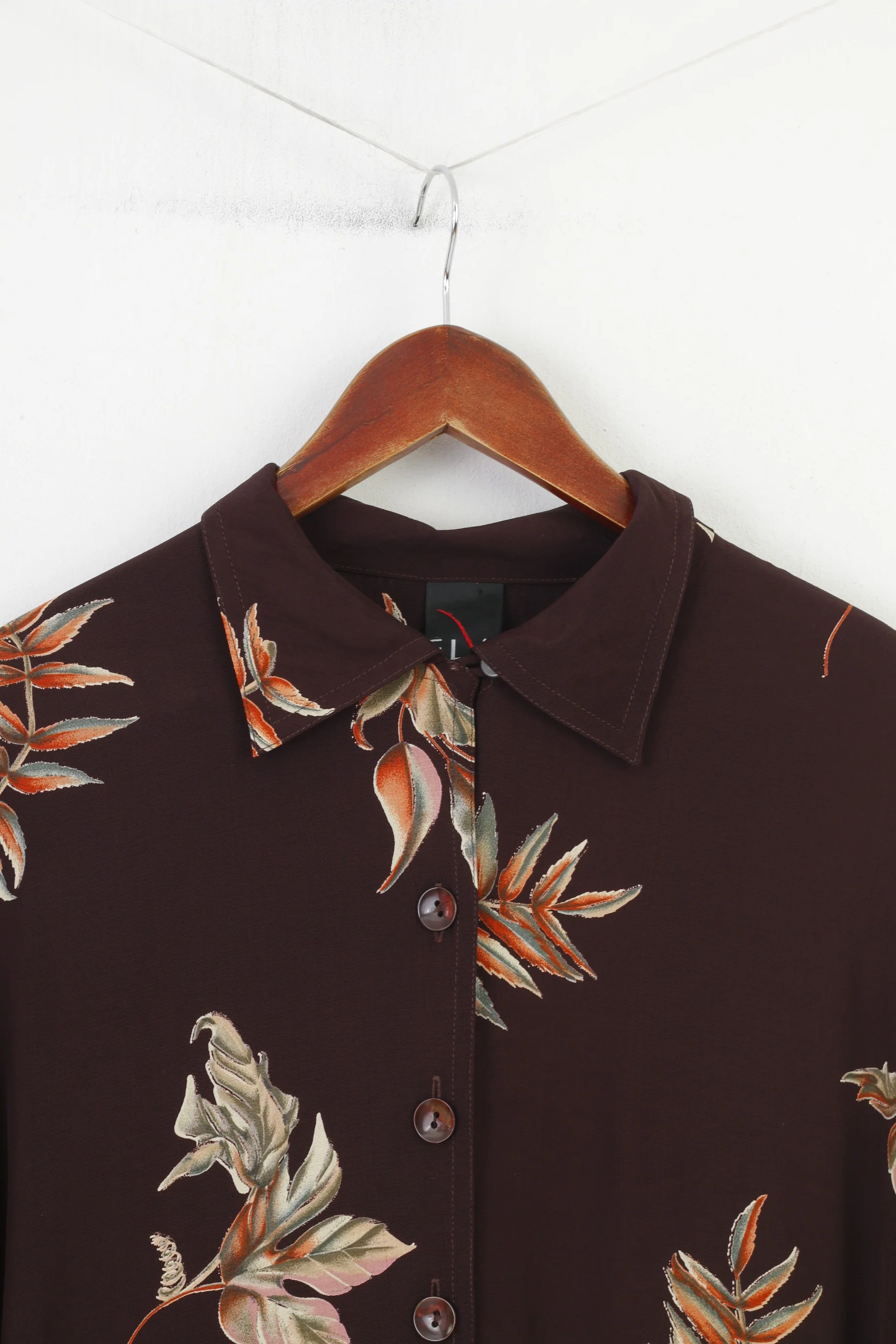 Elvi Women 18 2XL Casual Shirt Brown Flower Print Long Sleeve Shoulder Pads Collar Top - Image 2