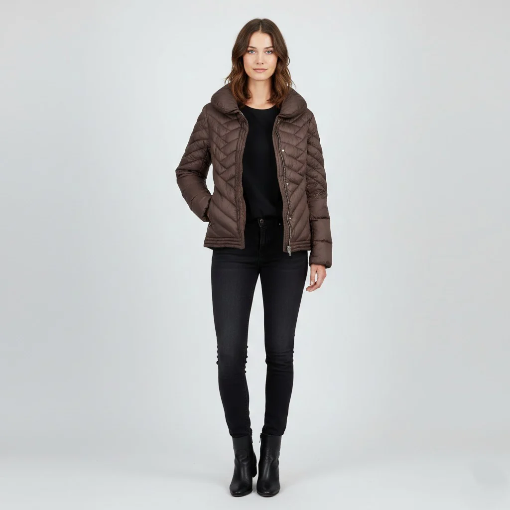 Emporio Armani Woman M Jacket Brown Shiny Nylon Waterproof Full Zipper Top