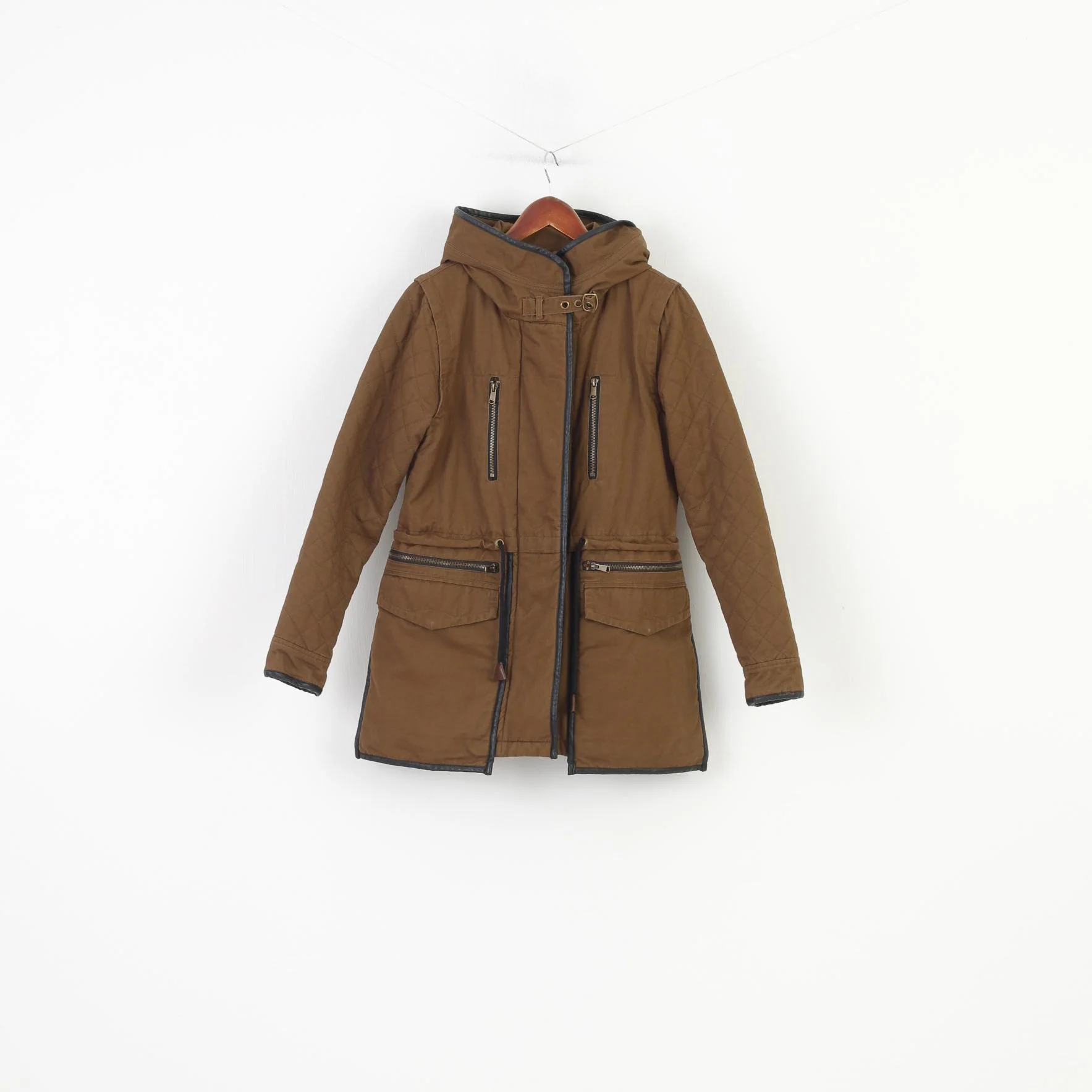 Epister Woman L M Jacket Khaki Padded Full Zipper Hood Winter Pockets Cotton Vintage Top