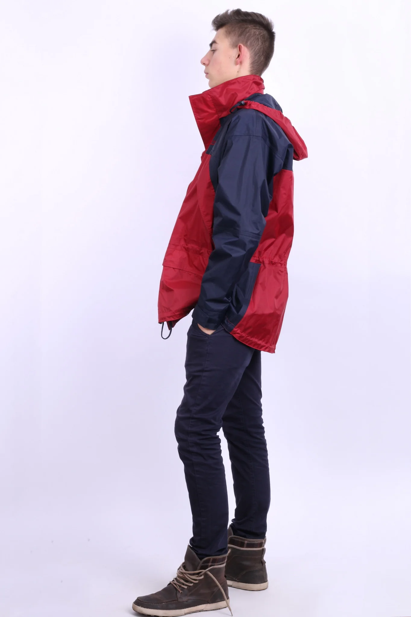 Etirel Mens M Jacket Parka Hood Red Waterproof Nylon Navy Blue Vintage Track Top - Image 3