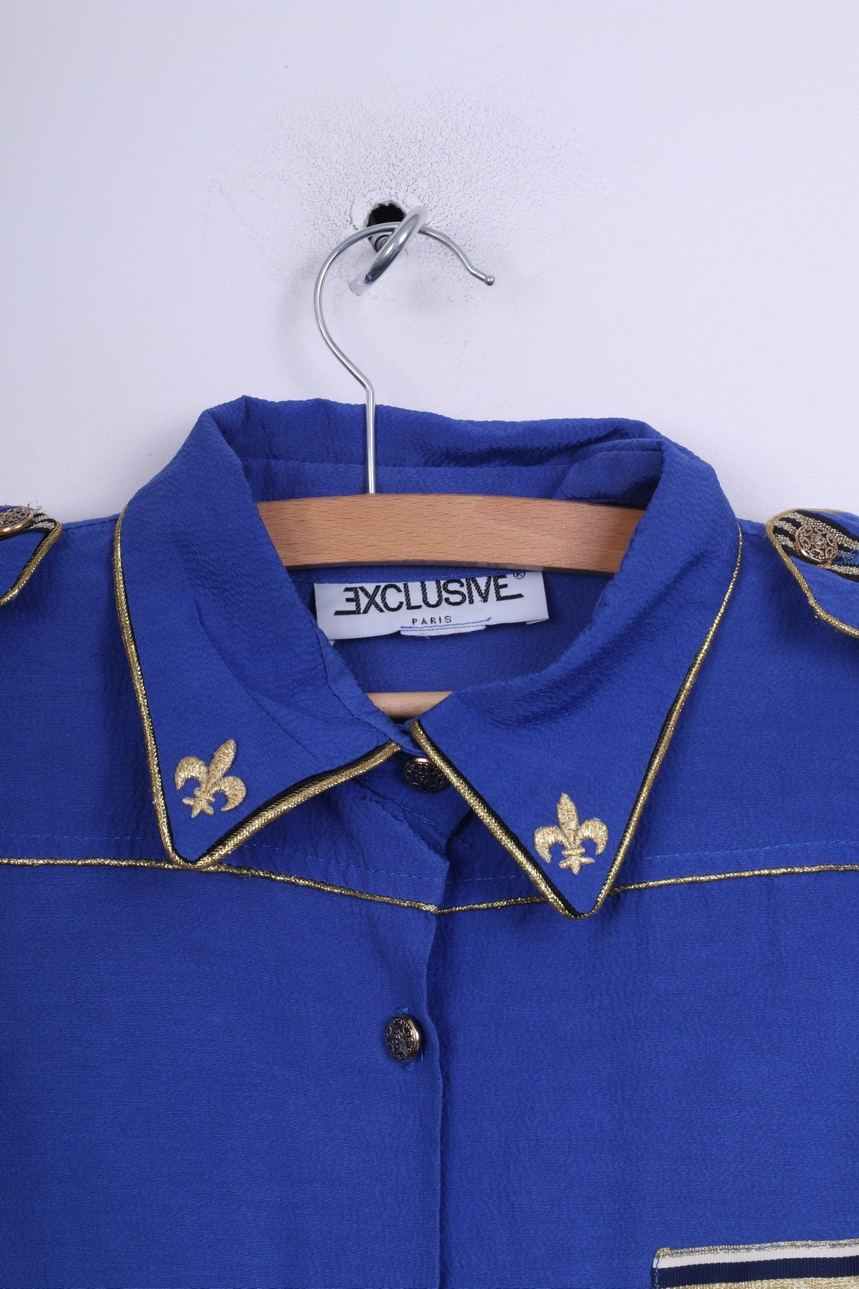 Exclusive Paris Womens L Casual Shirt Cobalt Shoulder Pads Gold Detailed Vintage - Image 2