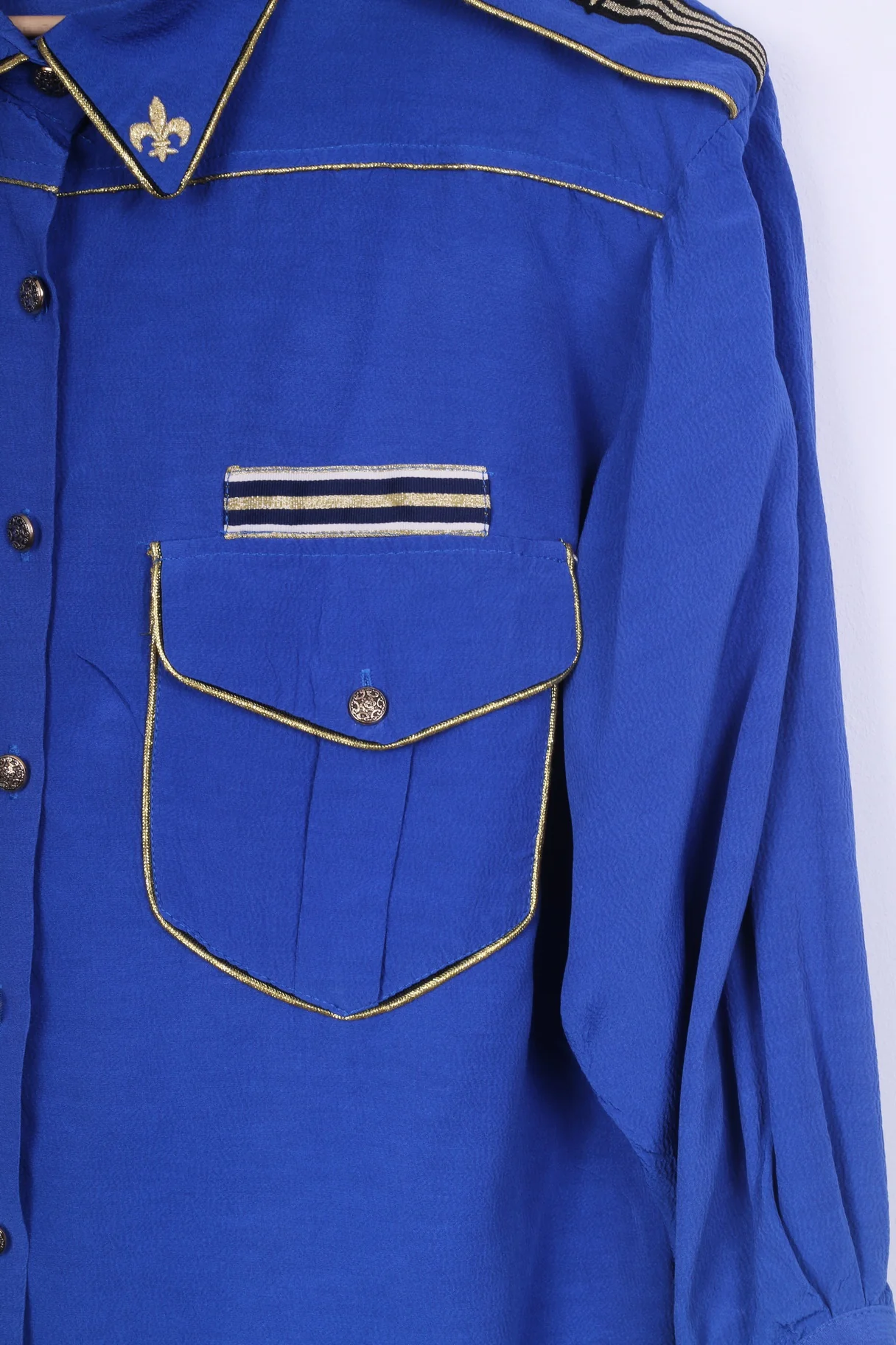 Exclusive Paris Womens L Casual Shirt Cobalt Shoulder Pads Gold Detailed Vintage - Image 3