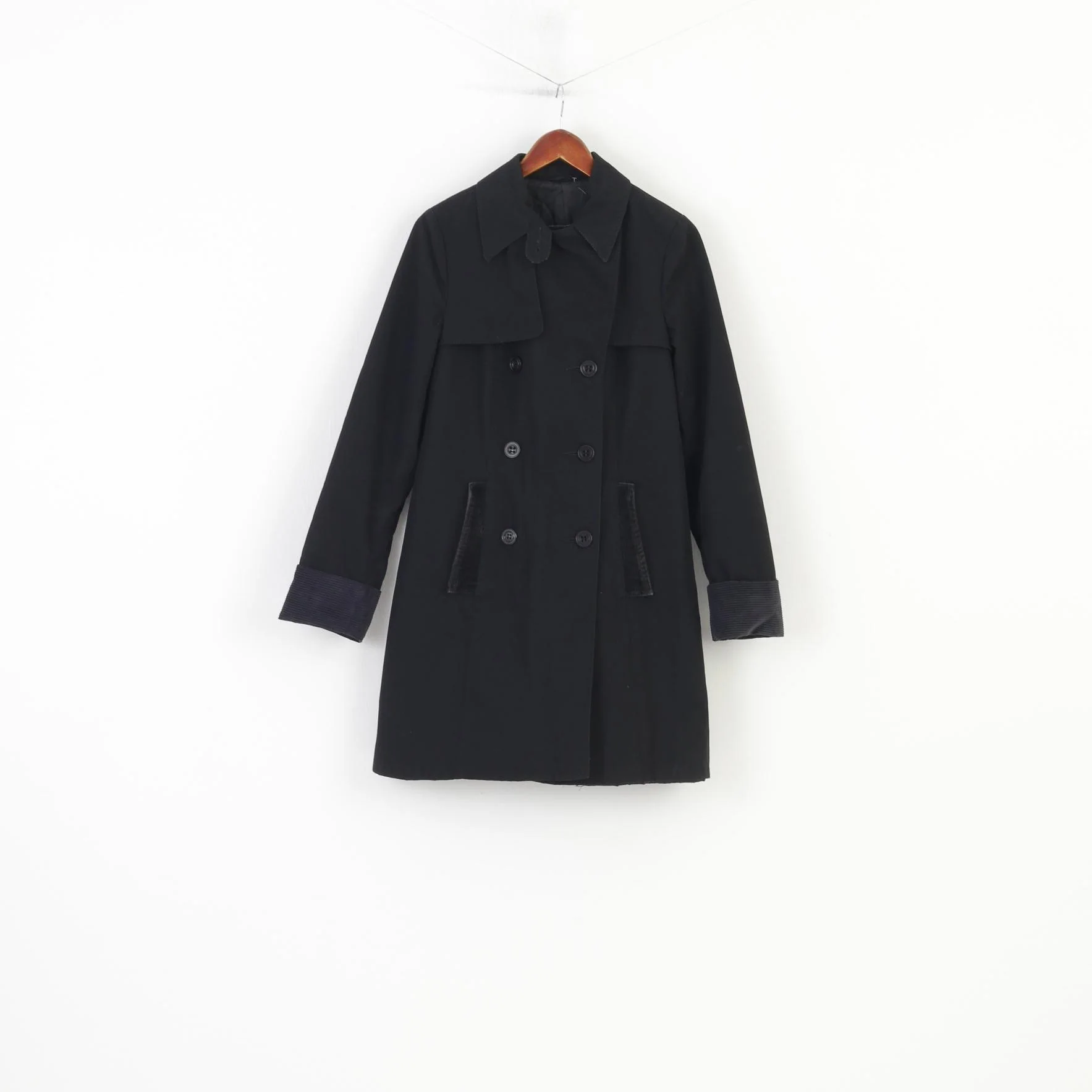Fenno-Sport Women 38 M Coat Padded Black Double Breasted Trench Vintage Collar Pockets Jacket Top - Image 2
