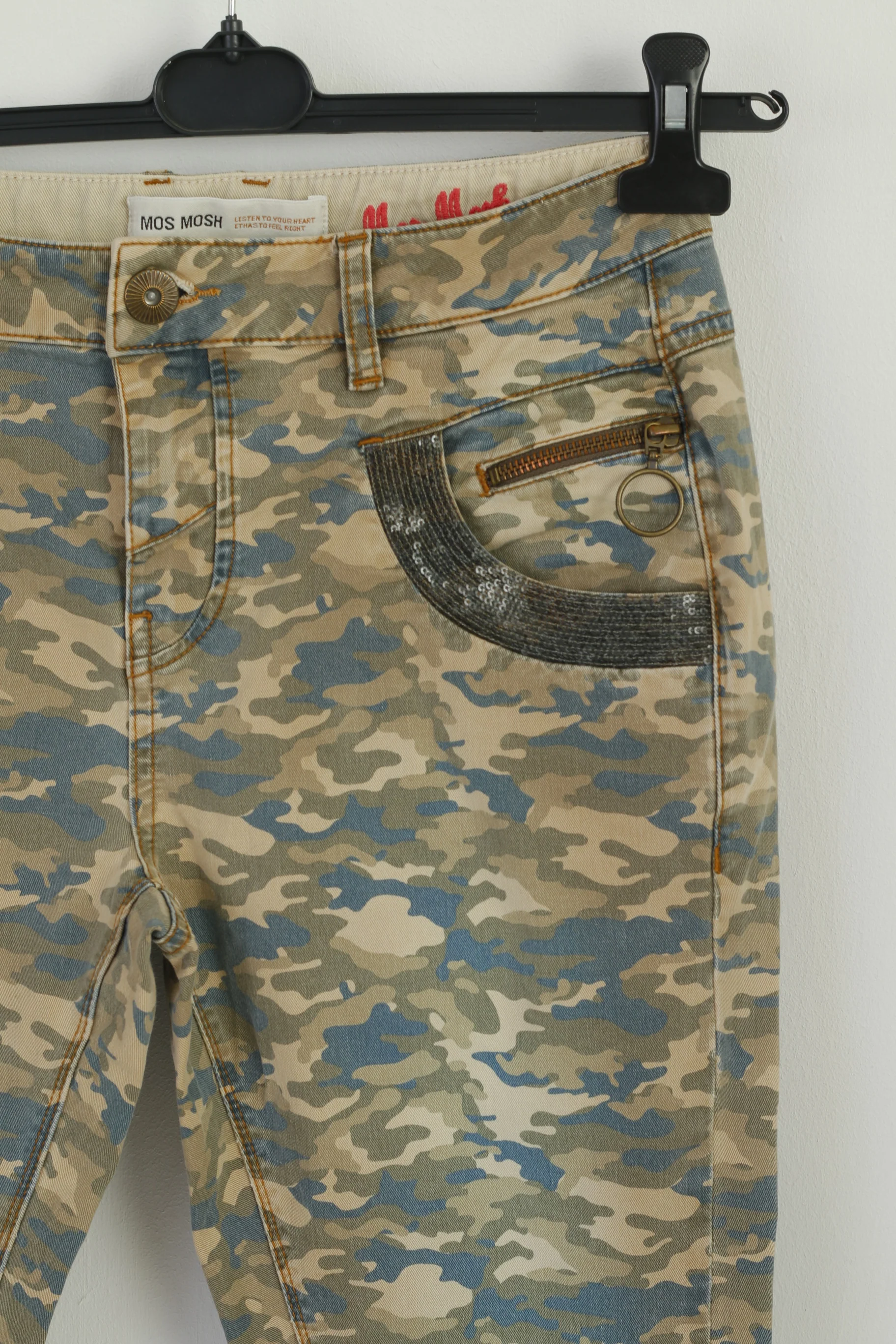 MOS MOSH Women 28 Jeans Trousers Beige Camo Skinny Cotton Pants - Image 2