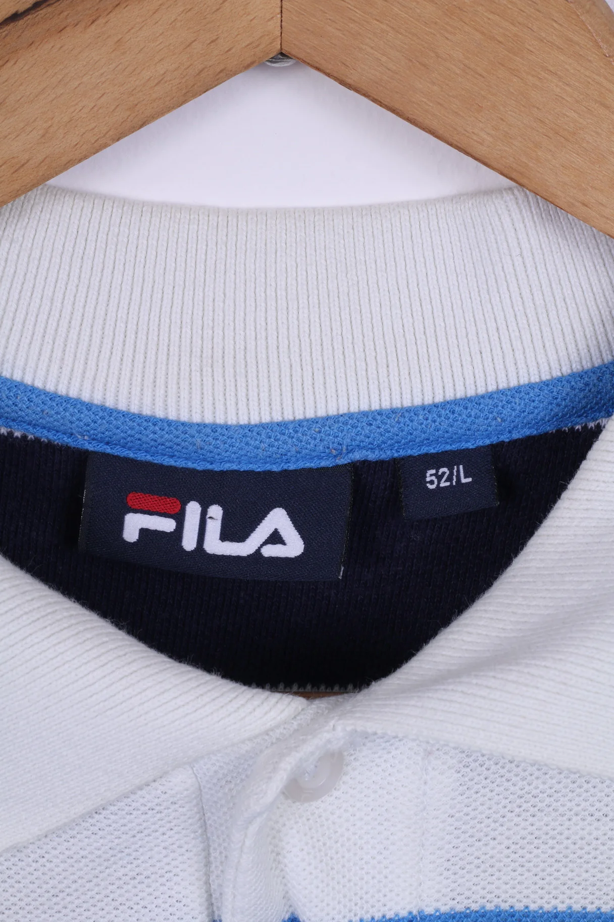 FILA Mens L Polo Shirt White Striped Blue Short Sleeve Cotton Sport Detailed Buttons - Image 4