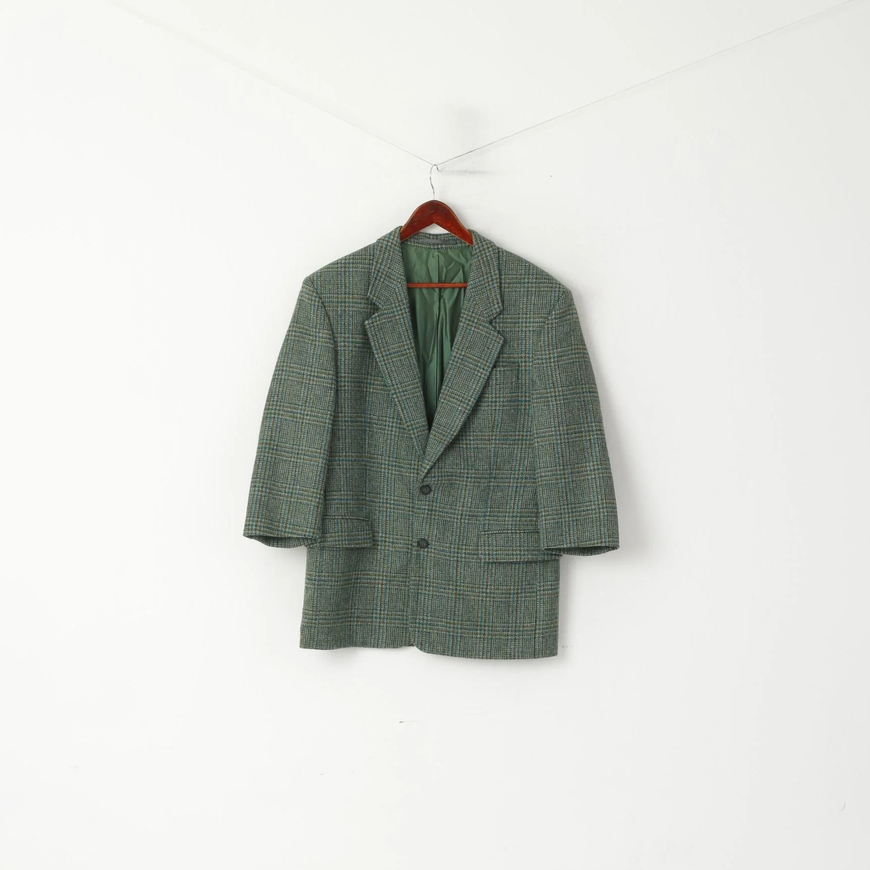 Fine Scottish Cloth By Kynoch Men 40 50 Blazer Green Wool Check Vintage 2/3 Sleeve Jacket - Image 2