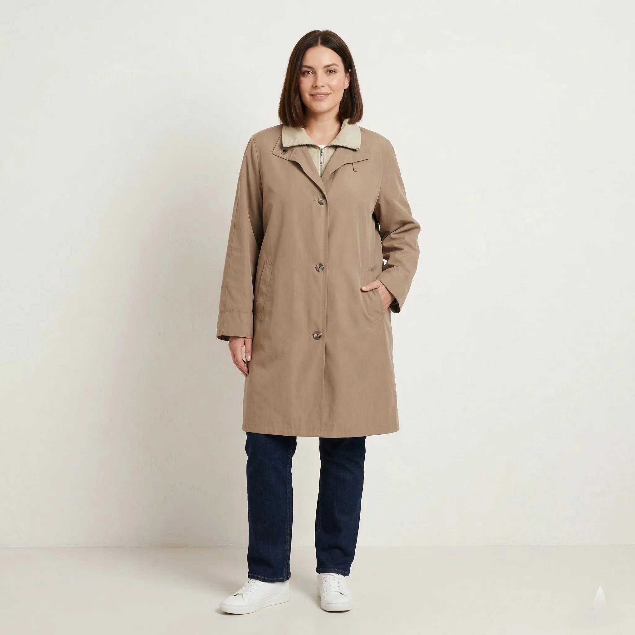Finn-Flare Collection Women 40 L Coat Taupe Zip Up Shoulder Pads Retro Single Breasted Top