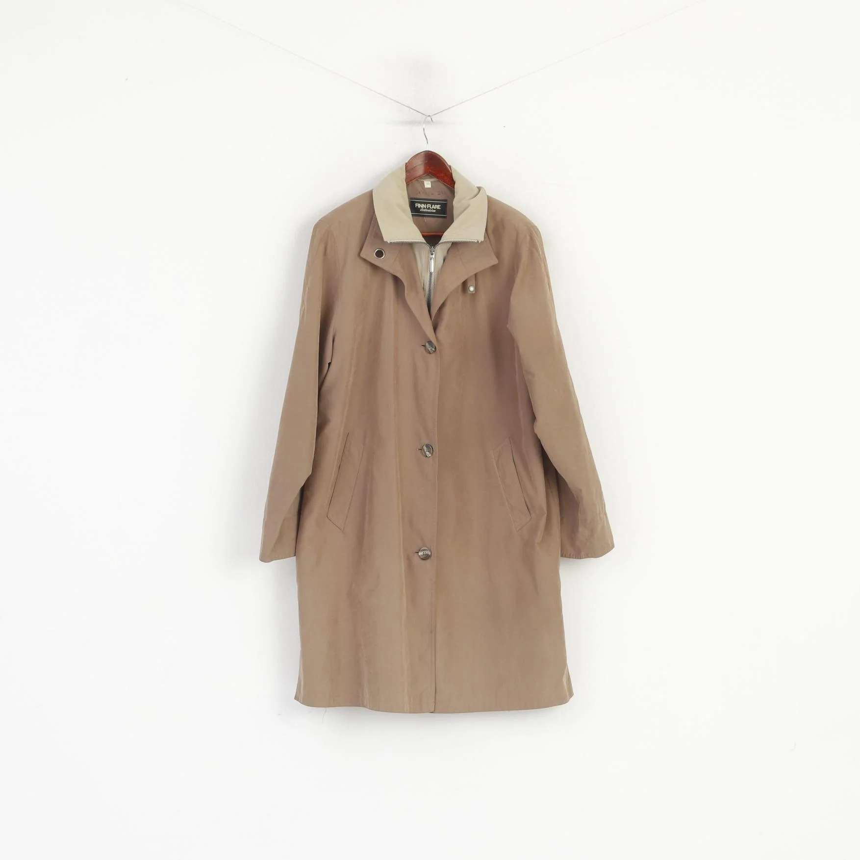 Finn-Flare Collection Women 40 L Coat Taupe Zip Up Shoulder Pads Retro Single Breasted Top - Image 2