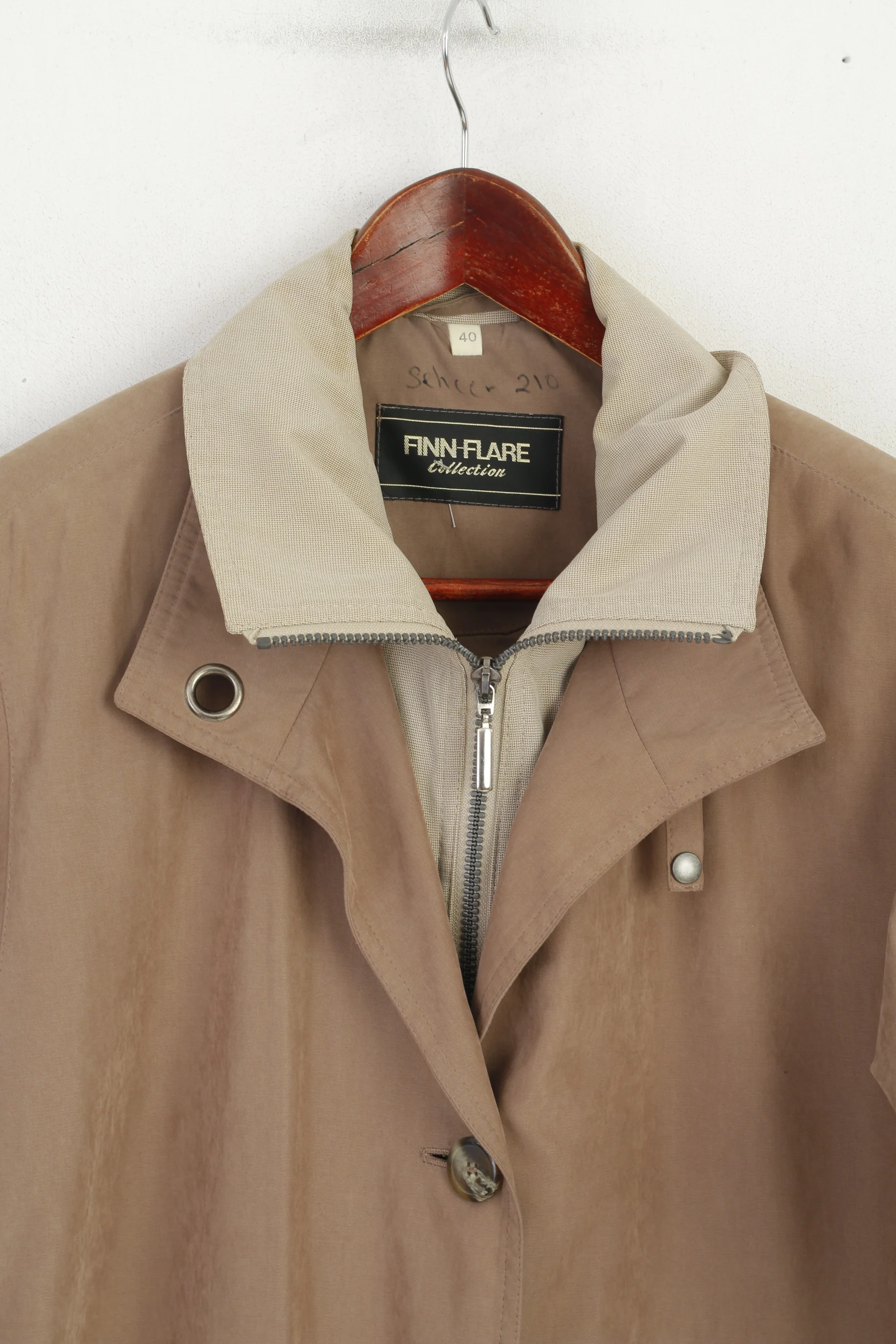 Finn-Flare Collection Women 40 L Coat Taupe Zip Up Shoulder Pads Retro Single Breasted Top - Image 3