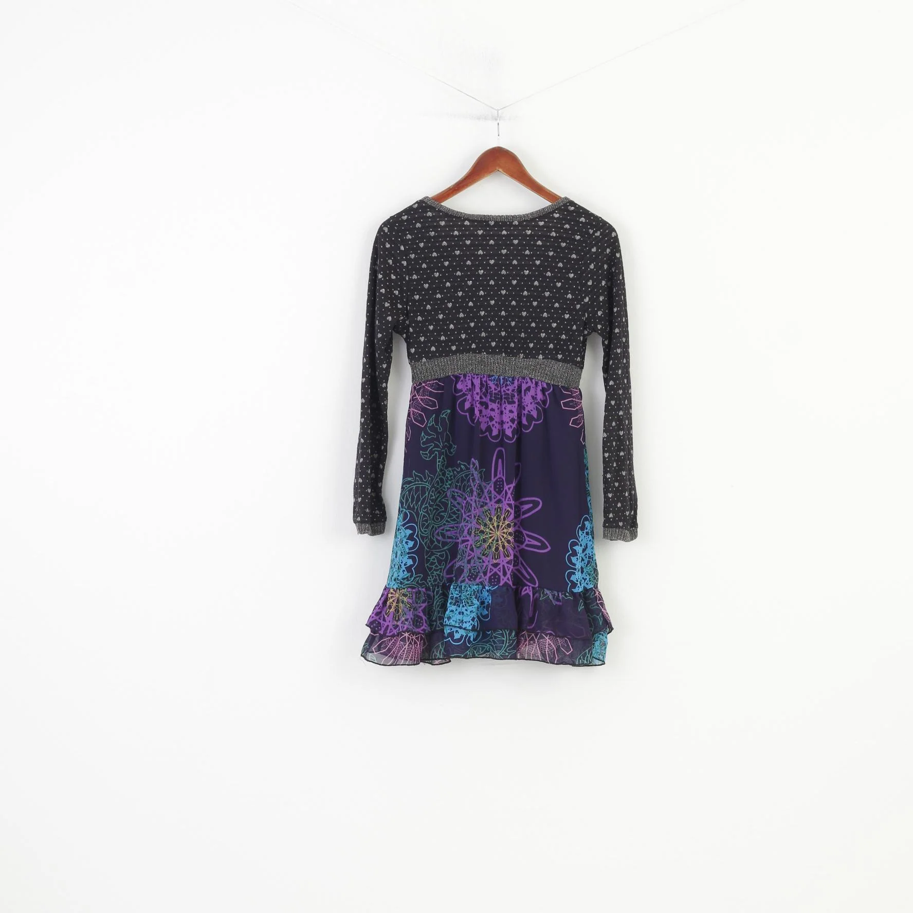 Forla Paris Women M Mini Dress Boho V Neck Long Sleeve Navy Geometric Print Frills Vintage - Image 8
